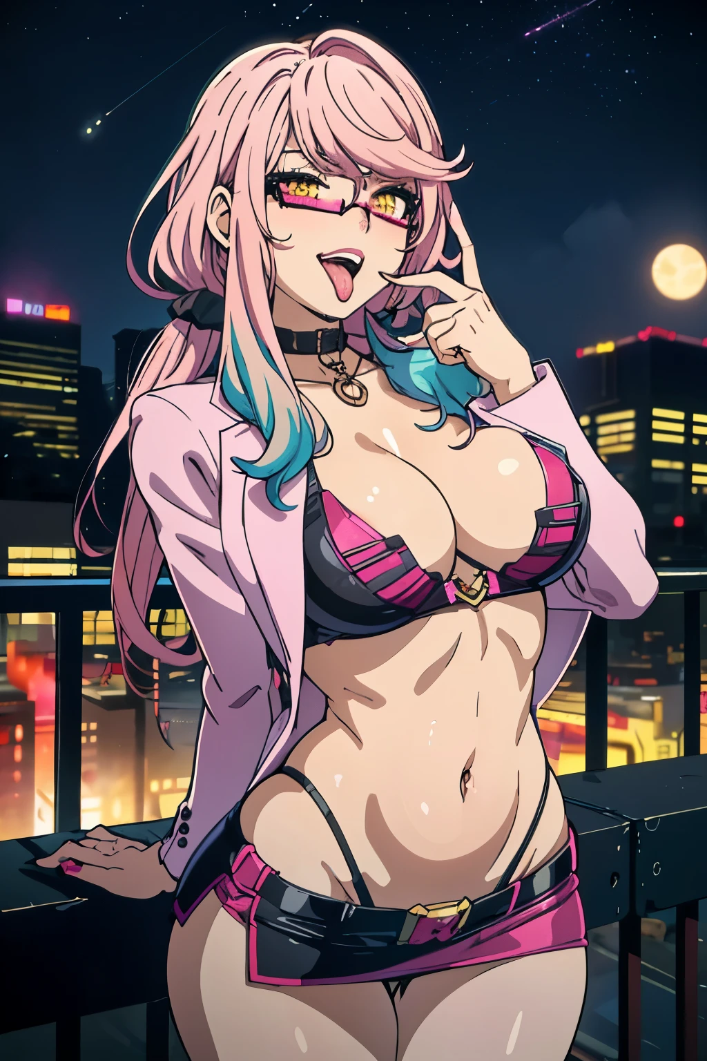 1girl, solo,, doctor_akudama_drive, long hair, pink hair, multicolored hair, yellow eyes, blush, lipstick, outdoors, rooftop, cityscape, building, railing, night, night sky, scenery, moon, city lights, masterpiece, best quality, highly detailed, a girls with a gun, open mouth, blazer, y gaze, (nsfw) not
safe for work, badass pose , evil smile, smile, black bra, anime girl with long hair, long haired girl,mouth open and tongue out,open,
navel, evil expression, exposed belly, exposed navel, exposed midriff, exposed lower belly, micro
miniskirt, micro pencil skirt, pencil skirt ,holding a gun