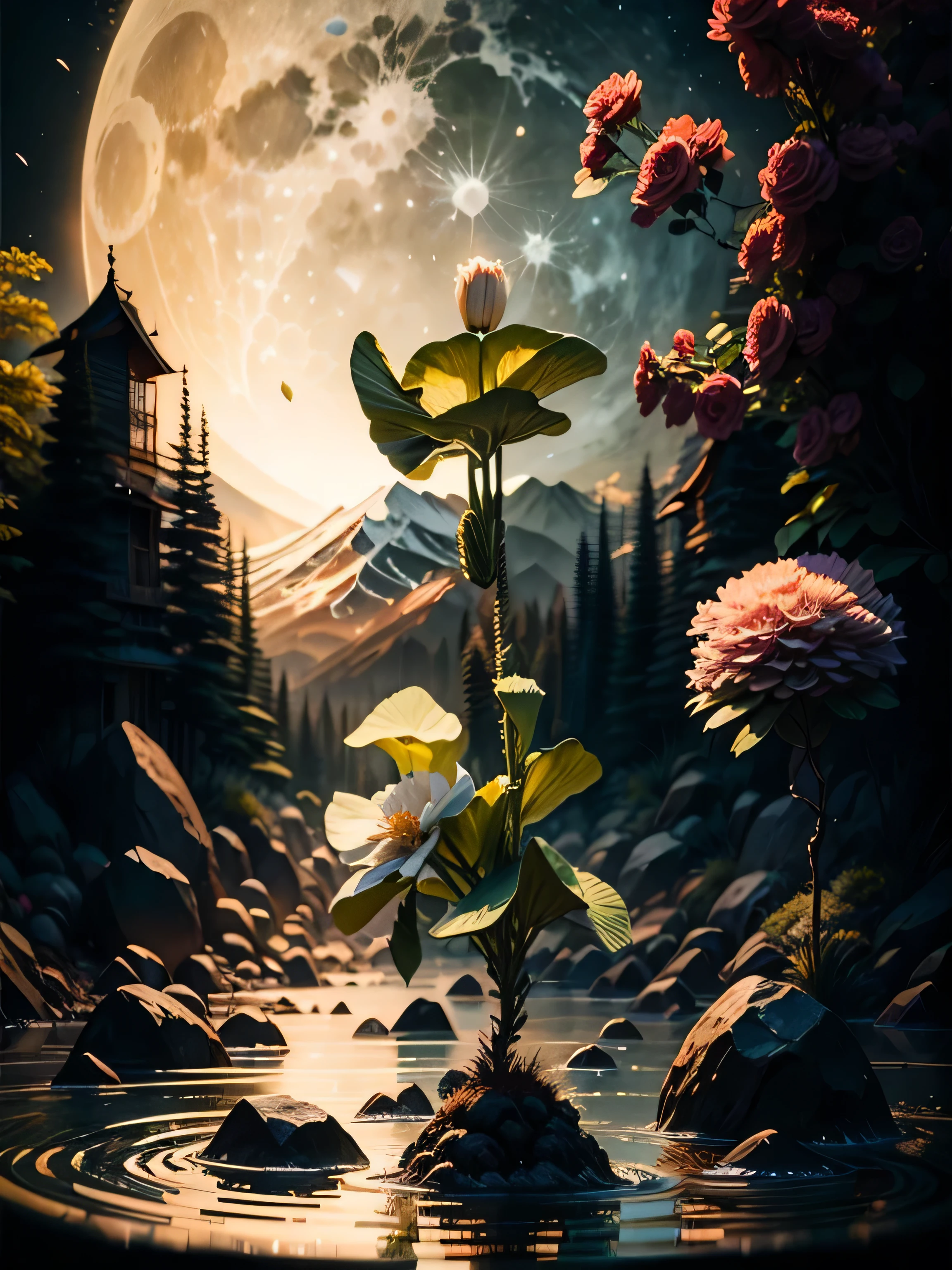(Best quality,Photorealistic:1.2,Ultra-detailed:1.1,Realistic,Masterpiece:1.2),Photography,water,Moon,Mid-Autumn Festival,lantern