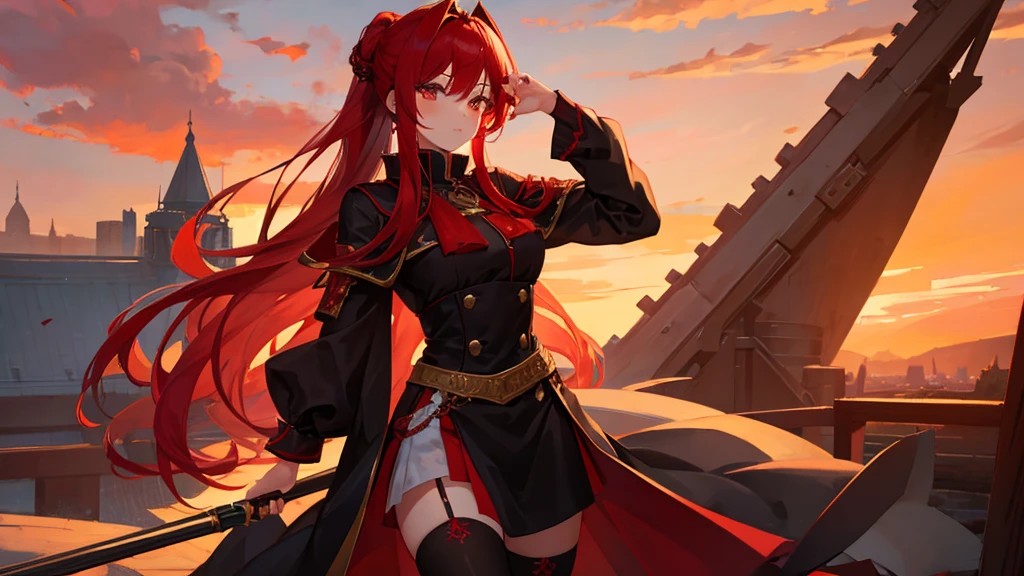 girl with red long hair, hair tied up, eyes upturned, cool girl, red sexy royal clothes, black stockings, 8k resolution, red sky, horn, magic, fantasy