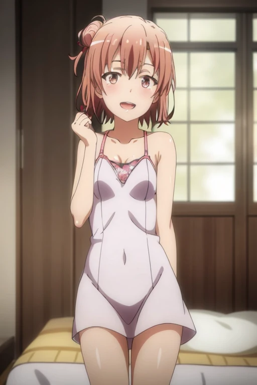 ((highest quality)), ((masterpiece)), (be familiar with), Perfect Face, indoor, Bedroom, Watching the audience,
One woman, Yuigahama Yui,
Open Mouth, Ecstatic expression, blush, smile,
Small breasts, Flat Chest, Young Girl, , , Girl,
Short Hair, Salmon-colored hair, Salmon-colored eyes, Side Pony,
Leg spread,