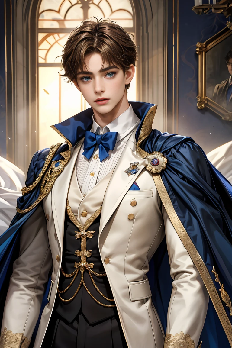 masterpiece, 最high quality, high quality, 1 boy, alone, Male focus, Watching the audience, Messy brown hair, Adorable big blue eyes, White, Noble, Noble, Beautiful tailcoat、A very voluminous, large, very large, very large, long, long red and black cape with a high stand-up collar, made of a lot of fabric that reaches down to the floor., 17 years old,Cute beautiful boys,Cute, cute, kind, handsome guy