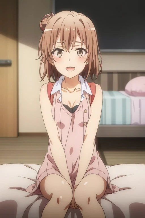 ((highest quality)), ((masterpiece)), (be familiar with), Perfect Face, indoor, Bedroom, Watching the audience,
One woman, Yuigahama Yui,
Open Mouth, Ecstatic expression, blush, smile,
Small breasts, Flat Chest, Young Girl, , , Girl,
Short Hair, Salmon-colored hair, Salmon-colored eyes, Side Pony,
Leg spread,