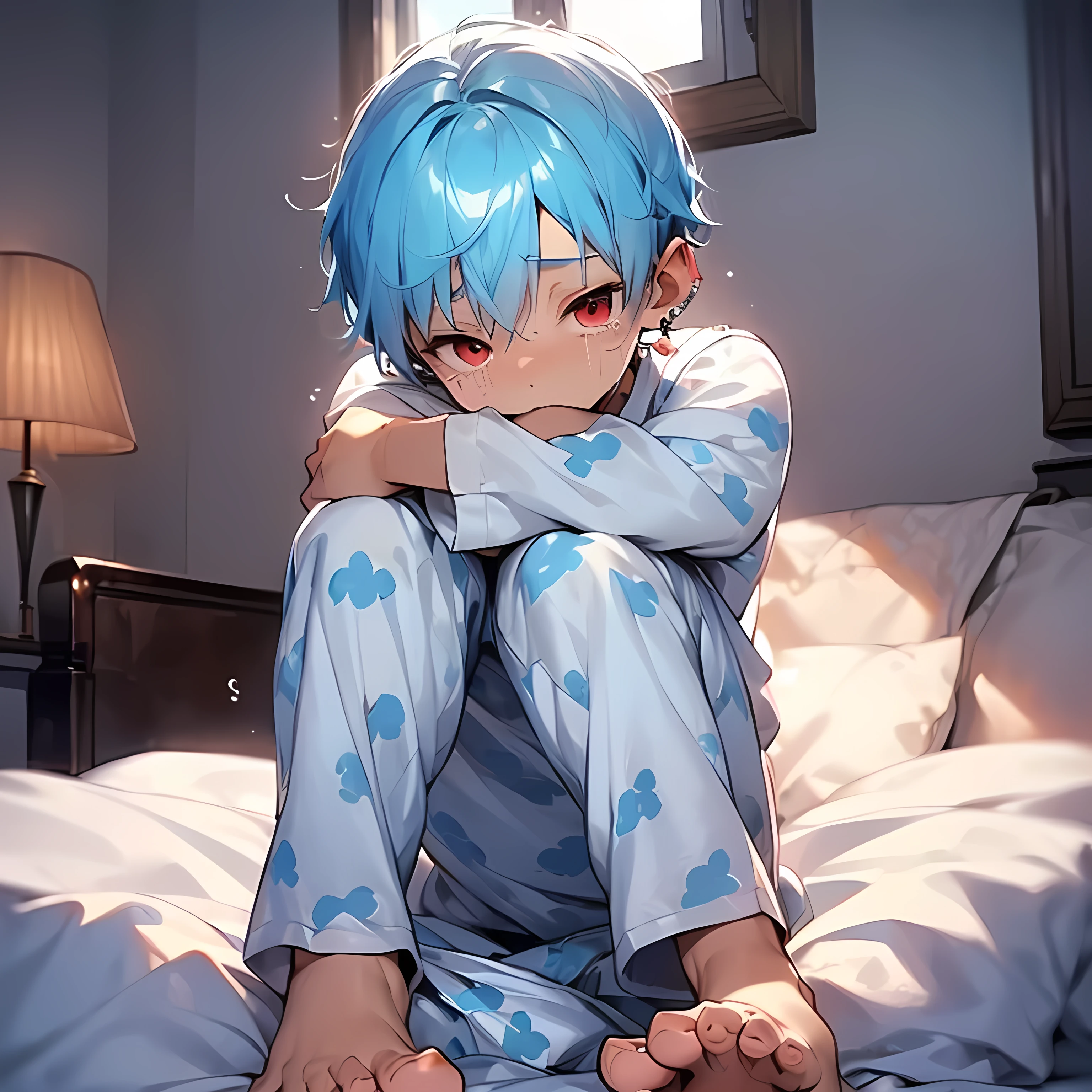 (boldline:-1.6), (sitting on bed:1.5), (hugging his legs:1.8), (best quality:1.5), (feet:1.8), (absolutely resolution:1.5), (ultra detailed:1.5), (masterpiece:1.5), (perfect face:1.5), (detailed face:1.5), (detailed eyes:1.5), (cute face), (shota:1.65), BREAK (white pajamas:1.8), (cute animal pattern:1.5), (bulge:1.5), (skinny:1.3), (spiked hair), BREAK (light blue hair:1.5), (wine red eyes:1.4), (half closed eyes:1.3), (eyes with high light), ((mole under eye)), (sweaty skin), BREAK (anguish:1.5), (crying), ((earrings)), (shiny skin:1.3), BREAK (bed room:1.8), (brown bed:1.5), (large window:1.5), (at twilight:1.5), (((wind blowing))), from below, wide angle,