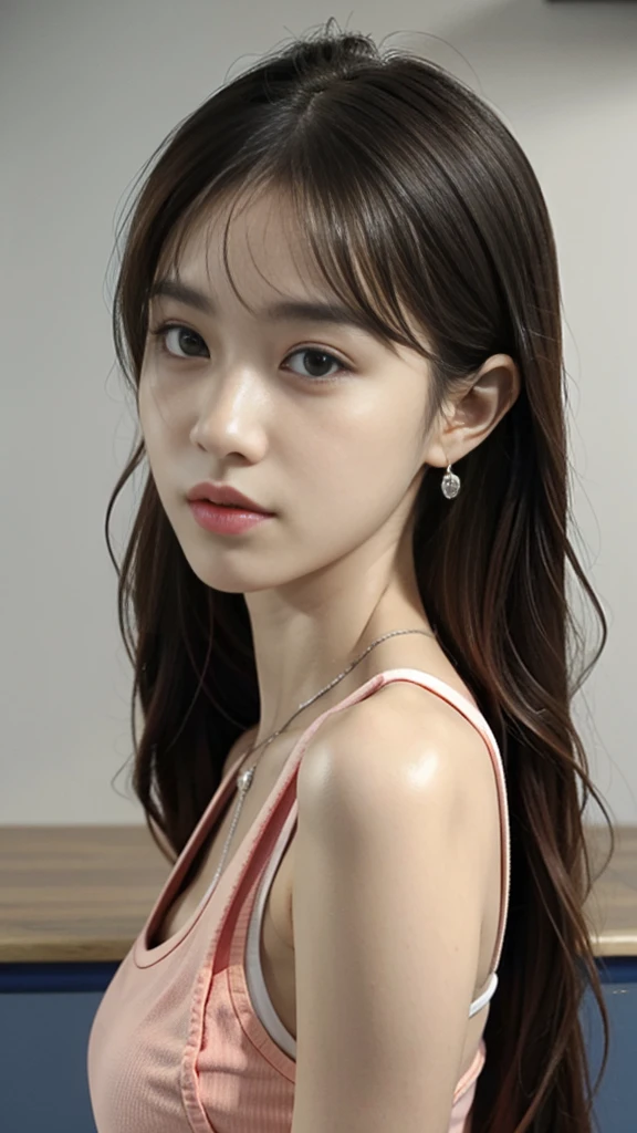 masterpiece, Top quality, (Practical, Reality: 1.4), (RAW photos: 1.2), 高度detailed CG Unity 8k 壁纸, Very delicate and beautiful, Astonishing, detailed, Official Art, absurd, Extremely stupid, Huge file size, Very detailed, Very detailed, beautiful eyes and face, Beautiful and delicate eyes, There is light on the face, A girl, long hair, (Ping Pong) Umbilical cord, Upper Body , sleeveless tops, bare arm, Bangs, School, classroom, ulzzang-6500-v1.1