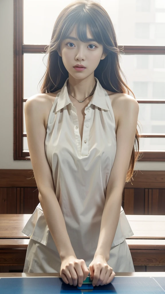 masterpiece, Top quality, (Practical, Reality: 1.4), (RAW photos: 1.2), 高度detailed CG Unity 8k 壁纸, Very delicate and beautiful, Astonishing, detailed, Official Art, absurd, Extremely stupid, Huge file size, Very detailed, Very detailed, beautiful eyes and face, Beautiful and delicate eyes, There is light on the face, A girl, long hair, (Ping Pong) Umbilical cord, Upper Body , sleeveless tops, bare arm, Bangs, School, classroom, ulzzang-6500-v1.1