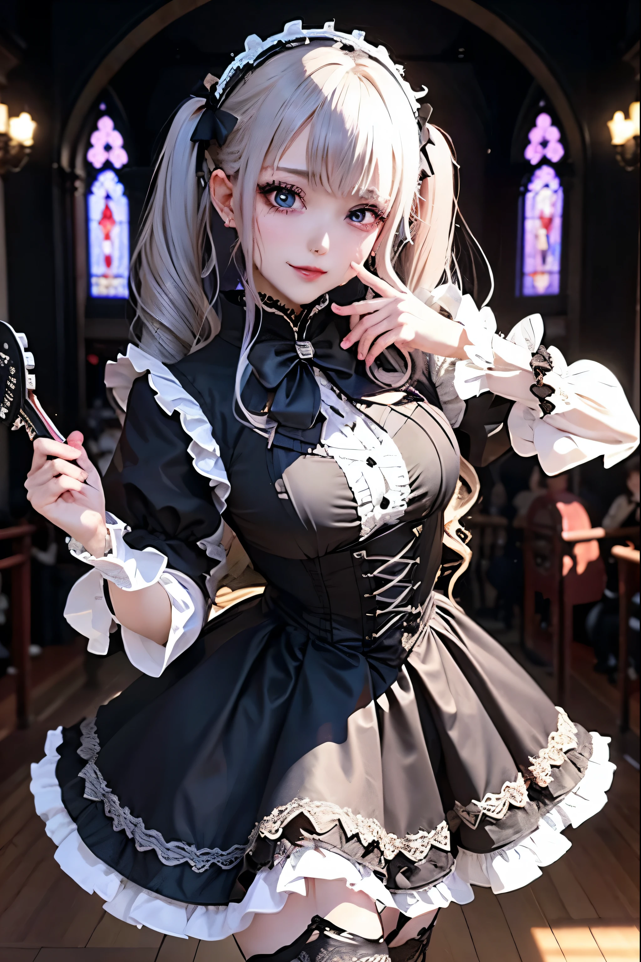 Hard Dark Gothic Makeup、Deep Night Sky、Horror、Black dark eyeshadow、cry、sad、Good skin radiance、Dark Gothicメイク、Dark smile、palace、The beauty of fragrance、24-years-old、Expressions of intense sexual pleasure、Embarrassed look、Dark Gothic、Obscene language、highest quality、Drunk face、紫のMaid clotheysterious、Noble、sexy、Loving smile、Twin tail hair、Right blue eye, Left eye is red、Platform Heel Shoes、Heavy makeup、Gothic ta Clothing、A little slimmer、Silver Hair、Long Hair Straight Hair、Cute Gothic Loliress、Beautiful Face、elegant features、Fascinating face、Stained glass is the background、Chest glistening with sweat、The room is dark、gothic long dress、Bell Sleeves、Wizard Sleeve、Decadent look、Sexually excited expression、Glossy thighs wet with water、Thighs that are wet and shiny with oil、Background of a room full of roses、sad expression、The embroidery is pink、The dress has pink embroidery、Thigh-high socks、Knee-high socks、Gentle expression、Dark black eyeshadow、Stained glass and rose background、Female Duo、Female couple、dark church background、Stained glass、Black metal world、Dark Castle、Dark Room、Slender body、upright、walk、Are standing、gothic long dresaid clothes、Victorian dresses、Her thighs glisten with sweat、My body is wet and shiny、Lots of glitter on the thighs、sweating、My thighs are sticky from sweating、Sweat glistens on the thighs, The whole body is sweaty and shiny、Quite sweaty、My thighs are sweaty、My thighs are so wet、My thighs are shining with sweat、A lot of sweat glistens all over the body、The thighs are the best、Small breasts、Playing guitar、Singing while playing the guitar、les paul guitar、Holding a guitar、Playing in a band、Playing guitar chords、Practicing guitar、Grab the microphone stand、Sing a song、Embodying the guitar、Decorate your guitar、An enthusiastic live music venue、Splendid stage、Dynamic Angle、