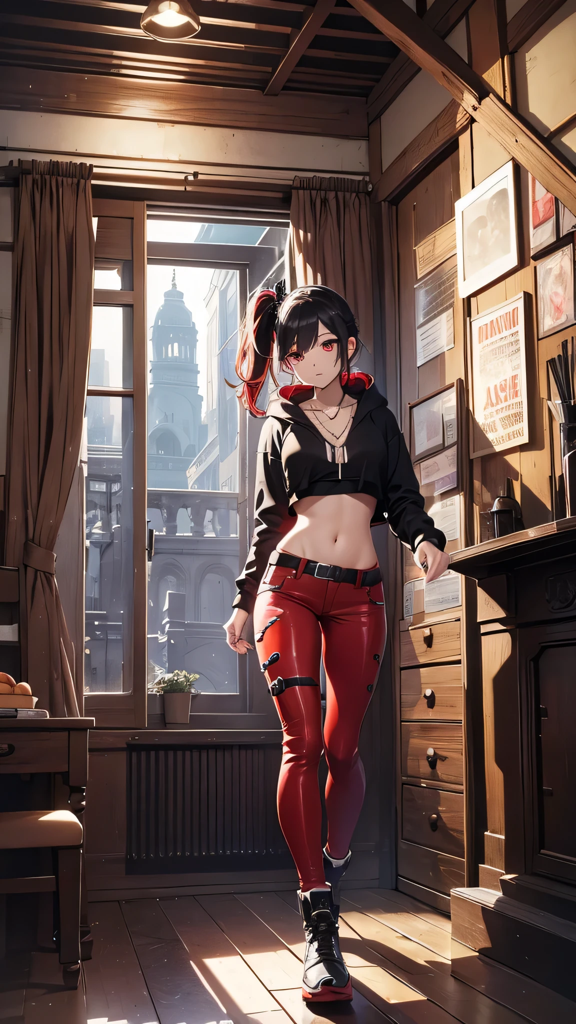 Highest quality、Highest quality、Masterpiece、girl((Metal body,Age 25、as soon as、Highest Bust、Medium Bust、Wide open chest、Red glowing eyes、Black Ear、Red Mesh、Disheveled Hair、Loincloth、thin、The best valley、Open chest、Luminous Wristbands、hair ornaments、Full body view、Black short-sleeved hoodie、Red pants、scar、cell phone、A little muscular、Ruby Necklace、No underwear))、high quality、Beautiful Art、background((night、Beautiful private room))、flight、Flying Debris、Depth of text、movie、Visual Arts、Perfect Art、8K、Genuine、