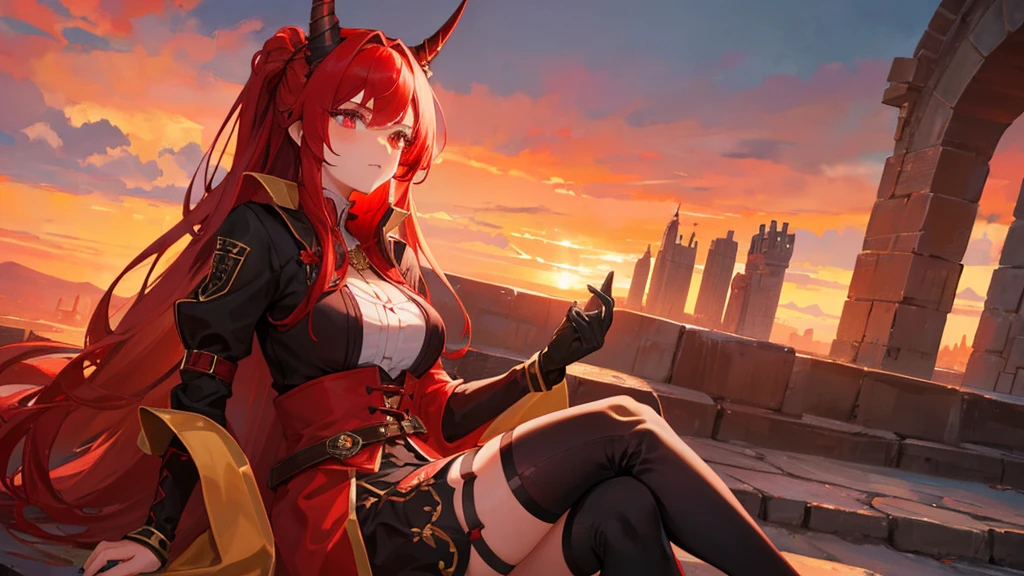 girl with red long hair, hair tied up, eyes upturned, cool girl, red sexy royal clothes, black stockings, 8k resolution, red sky, horn, magic, fantasy