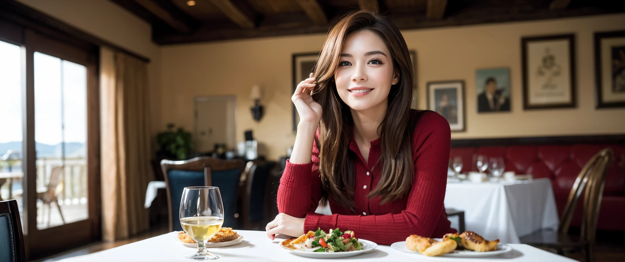 ((highest quality、8k、masterpiece:1.3))、1 male、1 female、Couple、spouse、Couple、Slim body、((Bob Hale、Straight hair:1.2)), (Realistic, Intricate details:1.2), Wine glass on the table、Shine light on your face、 Amazing view of the sunset sky and clouds、Amazing mountain views、A bright smile、The wonderfulness of smile、Bright image、The beauty of wine, Beautiful Face, blue eyes, The light shines on your face, Blushing, short hair,Bright Face、 (Age 37), 39 years old, red wine 、Appetizers、Italian food、Wine bottle、Champagne、sparkling wine、Two beauties、Brown Hair、Shortcuts、Long sleeve shirt、dress、Pretty Woman 1, (Slim face), (The body is slim), (Brown Hair), (Shortcuts), cheeks turn a little red,Attractive beauty、restaurant, In a prominent place (From the waist up) Nova Frog Style, actress, model, Upper Body, White wine, slim, wine glass, Wine glass placed in the center, smile, (smile: 1.15), Beautiful fine grain, Depth f/2,saturation, High Contrast, Strong light and shadow,Moist Body:1.5、3D texture、Delicate eyes、Brown Hair、The hair is very shiny、