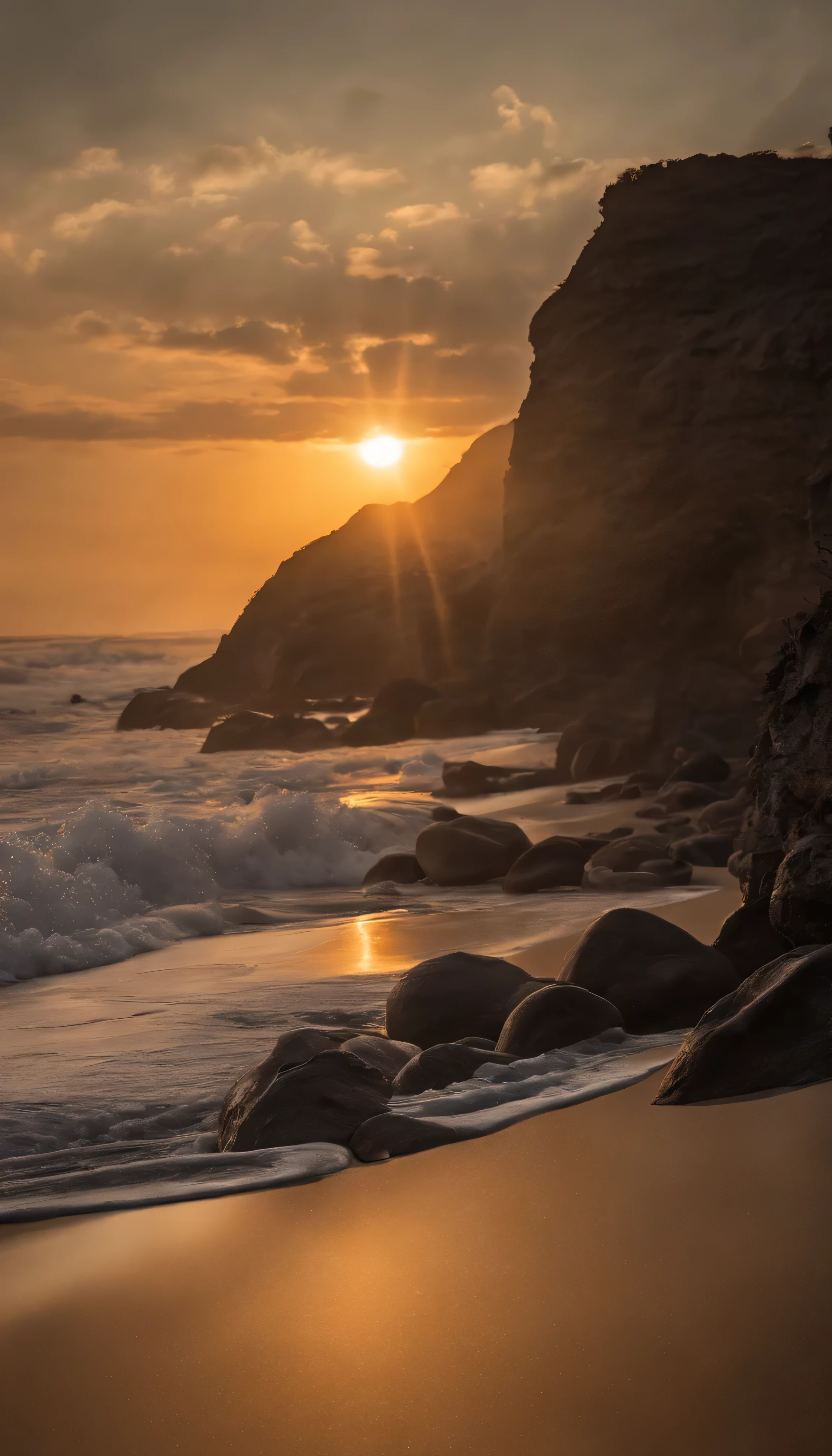 masterpiece, highest quality, approaching perfection, (perfect photo:1.1), (high detail:1.1), dramatic, beach, white sand, beautiful beach, sunset, waves