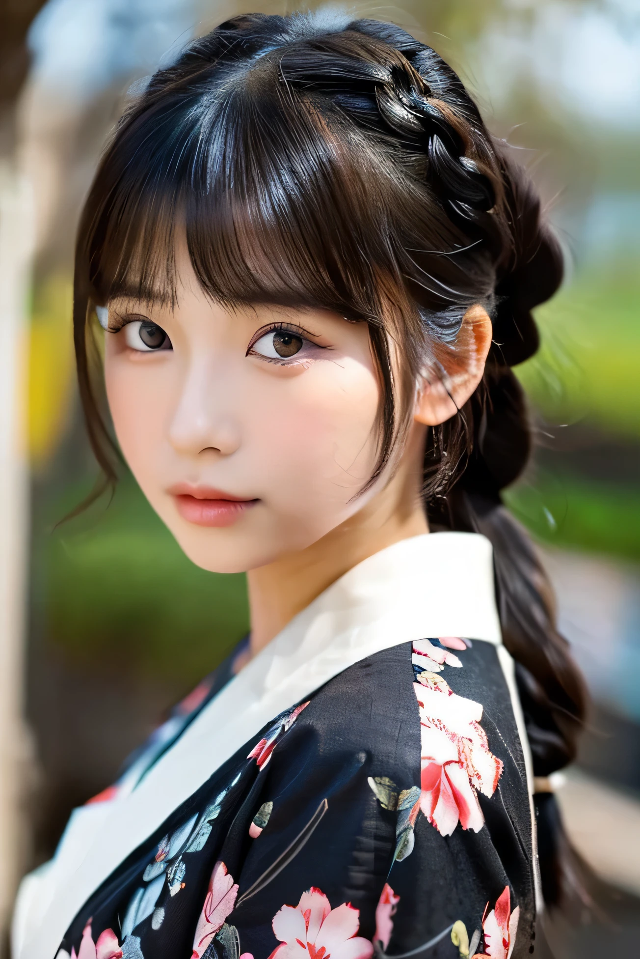 photo realistic bokeh portrait of a beautiful 18-year-old Japanese girl, hair in french braid, wearing a black textured kimono with floral elements, searing look, big eyes, gorgeous lips, kissy face, clear skin, rim lighting, studio