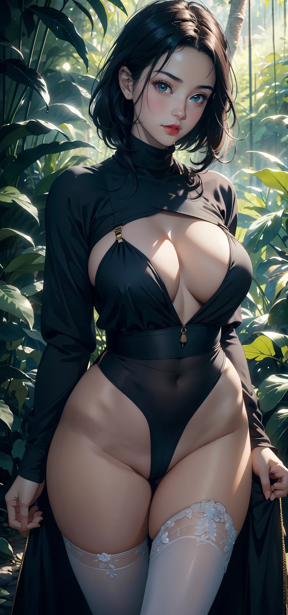 1 female,45 years old,Married women,short hair,Big breasts and thin waist, Photo exposure Light, (background:,Rainforest,The plants are dense) Black Hair,Red lips,Standing outdoors in the forest,Front view, Long hair,Straight Hair, (((masterpiece),(Highly detailed CG Unity 8k wallpaper),best quality,Light,Detailed background,beautiful eyes,(Very delicate and beautiful),(Beautiful and detailed description of the eyes),Ultra Detailed,masterpiece,)),Facing the camera,high resolution,Ultra Detailed),nude,The exposed chest is a bit fat, Camel toe,Soldier,Soviet Navy,(wear:Blue Sheer Turtleneck,nude,Tights,Green army coat,Epaulettes)