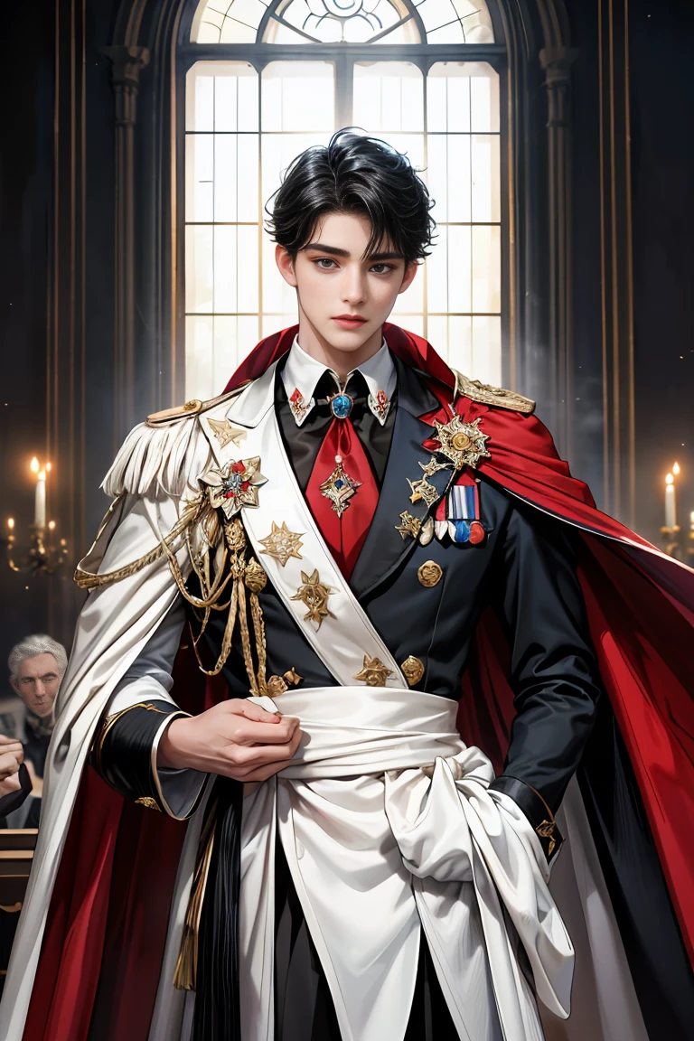 
masterpiece, 最high quality, high quality, 1 boy, alone, Male focus, Watching the audience,  Messy black hair, Adorable big blue eyes, White, Noble, Noble, Beautiful tailcoat、A very voluminous, large, very large, very large, long, long red and black cape with a high stand-up collar, made of a lot of fabric that reaches down to the floor., ,Cute beautiful boys,Cute, cute, kind, handsome guy