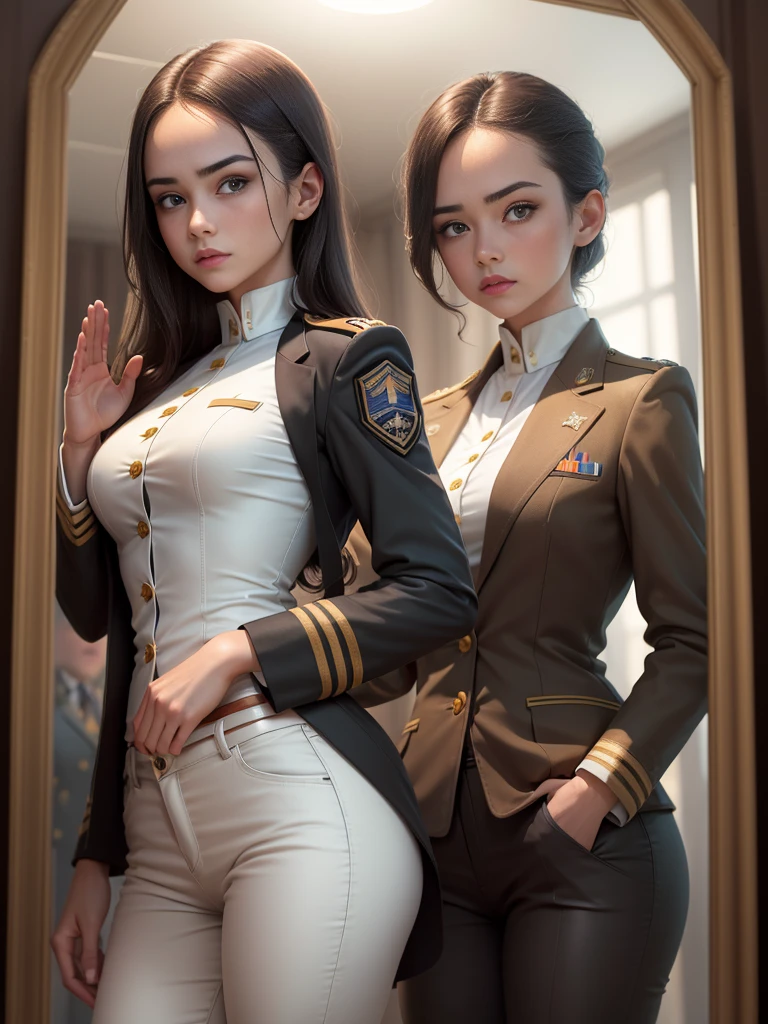 (1 Girl:1.4), (SFW), (Dressed), (masterpiece), illustration,(Practical:1.5), (Mirror lighting:1.4), (hyperPractical:1.2), (photoPractical face:1.2), (Perfect face), (best quality), (8K), (4k), photoPractical, Clear focus, Octane Rendering, best quality, Very detailed, Wheels within wheels, Ultra Detailed, fantasy, soft light,(Small Breasts:1.4), (Skin dentition:1.3), Matilda Ajan from Gundam, Agent Matilda, Matilda Ajan, Look directly at the audience, Tan Uniform, Tan Uniform, Tight off-white pants, slim, Perfect body, Stand Up Straight, Military concerns, military salute, one hand down, Tan Officer, Sepia military jacket, Sepia buttoned jacket, Perfect hands, Officer&#39;s hat, Sepia hat, warm smile, Friendly smile, Gundam in the background, auburn hair, one hand down, short hair, Thigh gap