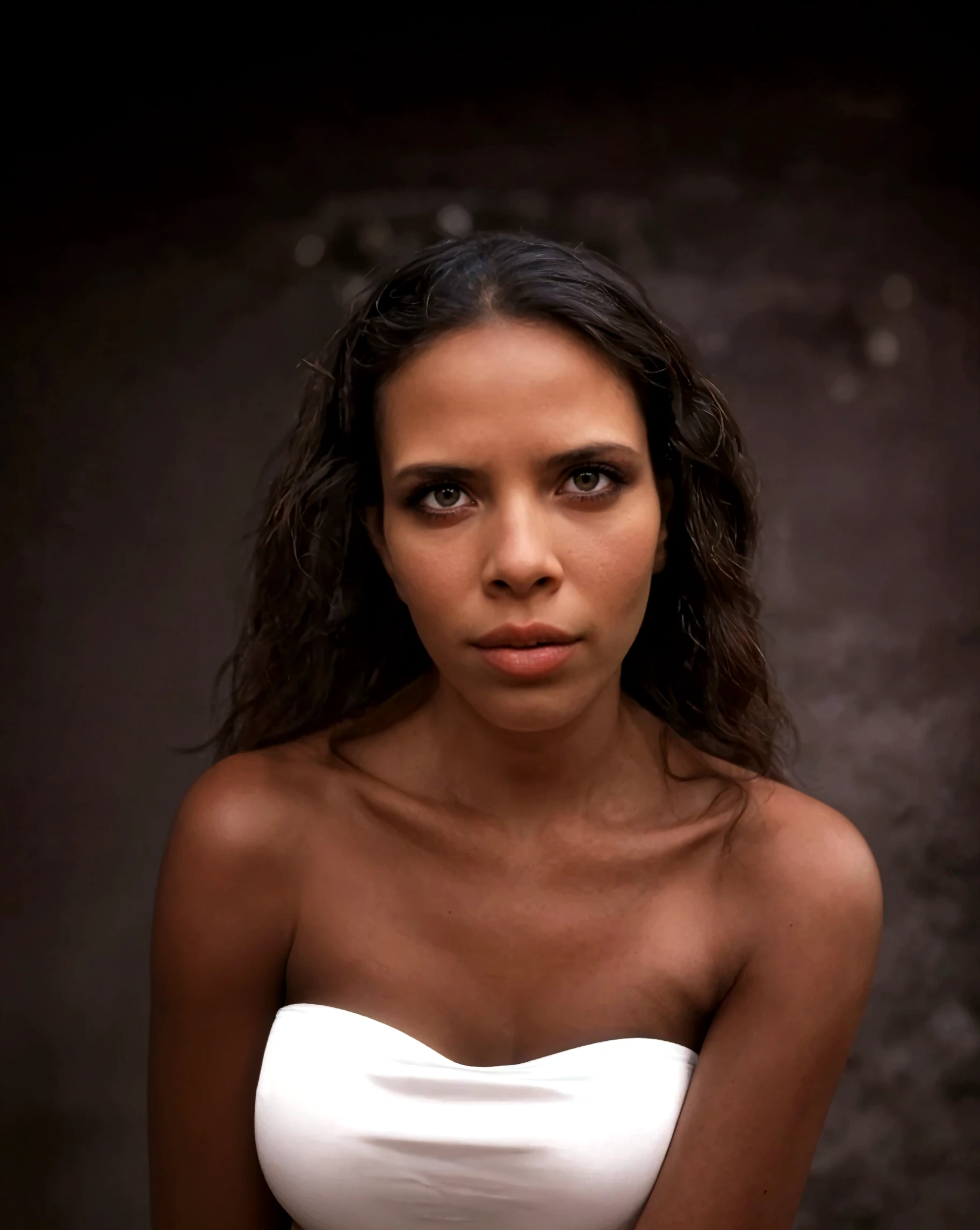 Young Brazilian Latina, 18 years old, black hair, dark skin, brown eyes. poor girl from a favela. on a street in a favela in Rio de Janeiro. expression of shame. Realistic photo of full body, wet clothes stuck to the body. the nipples are visible in the wet t-shirt