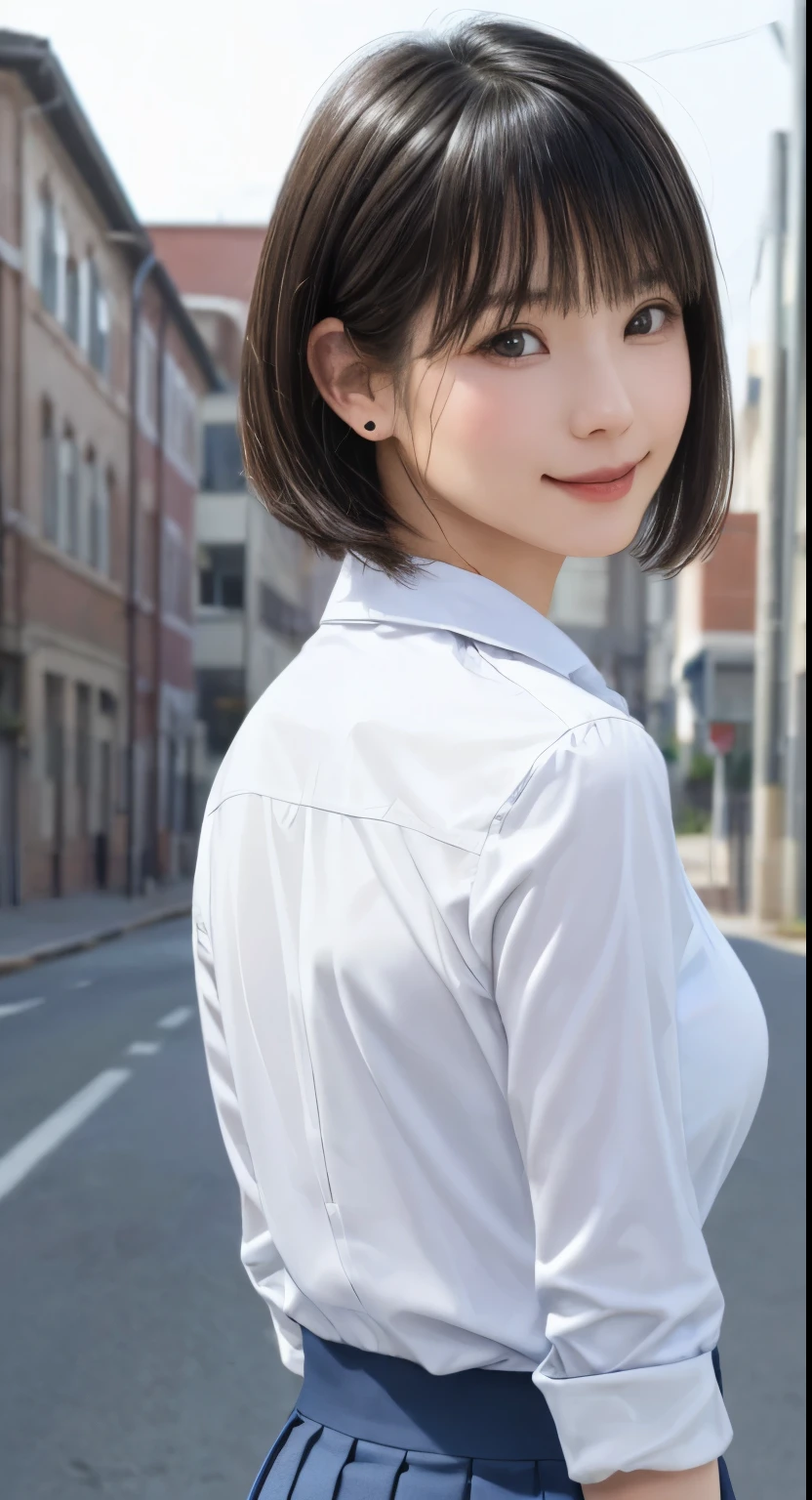 (masterpiece:1.3), (Realistic, RAW Photos, highest quality: 1.4), (One Girl), Beautiful Face, (超Realistic Face、シンメトリーのBeautiful Face), (Short black hair, short hair:1.6、bangs:1.3、Show off your beautiful ears), Beautiful Hairstyles, (Realistic eyes), Beautiful details, Long eyelashes, (Realistic Skin), Beautiful Skin, [Big Breasts:1.3], {Huge|big|Hugeな|Mega} chest, (Perfect body:1.3), (Detailed body:1.2), (tie), (Collared shirt, Pleated skirt:1.3), Absurd, charm, Ultra-high resolution, Ultra-realistic, Very detailed, Golden Ratio,Very cute beautiful woman、28 years old、Beautiful angle from behind、Background in front of the school building、smile、shut up.
