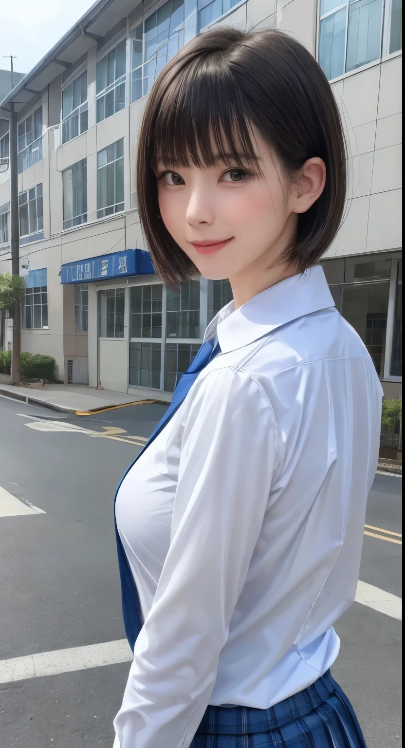 (masterpiece:1.3), (Realistic, RAW Photos, highest quality: 1.4), (One Girl), Beautiful Face, (超Realistic Face、シンメトリーのBeautiful Face), (Short black hair, short hair:1.6、bangs:1.3、Show off your beautiful ears), Beautiful Hairstyles, (Realistic eyes), Beautiful details, Long eyelashes, (Realistic Skin), Beautiful Skin, [Big Breasts:1.3], {Huge|big|Hugeな|Mega} chest, (Perfect body:1.3), (Detailed body:1.2), (tie), (Collared shirt, Pleated skirt:1.3), Absurd, charm, Ultra-high resolution, Ultra-realistic, Very detailed, Golden Ratio,Very cute beautiful woman、28 years old、Beautiful angle from behind、Background in front of the school building、smile、shut up.
