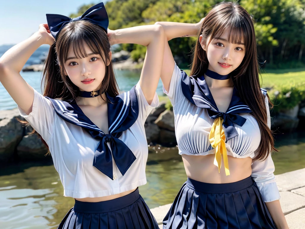 (((very heavy chest))),NSFW, 16k raw photos, highest quality, masterpiece, ultra high resolution, ((She is wearing Beautiful exposed redShe is wearing (a high school sailor uniform).
(navy sailor collar:1.4),(white shirt:1.4),(navy pleats skirt:1.4),(navy bow:1.4))).movie, ((2 girls, , 2 schoolgirls)),((attractive expression)),eyes shine、 looking at the viewer, natural skin texture very heavy chest))),((( metal black ribbon around the neck))).star handle mold、((yellow eyes)),Realistic eye and face details, lip whole, lipstick makeup), fluffy ponytail hair, laughter, Beautiful feet, tall woman, ((glowing skin)),((Beautiful armpit)), slim_feet, huge breasts, cleavage, beautiful natural places, beautiful flower garden、(detailed background,highly exposed, huge breasts, blurred background,, JK ribbon on the neck, jk ribbon, golden hair, bracelet, water, bangs, split your lips、armpit、beautiful hip line、glowing skin、(((eyes shine brightly))),lotion skin、High leg、((black hair)),highly exposed、Skimpy pink luxury fur coat、beautiful sea background、wind effect、