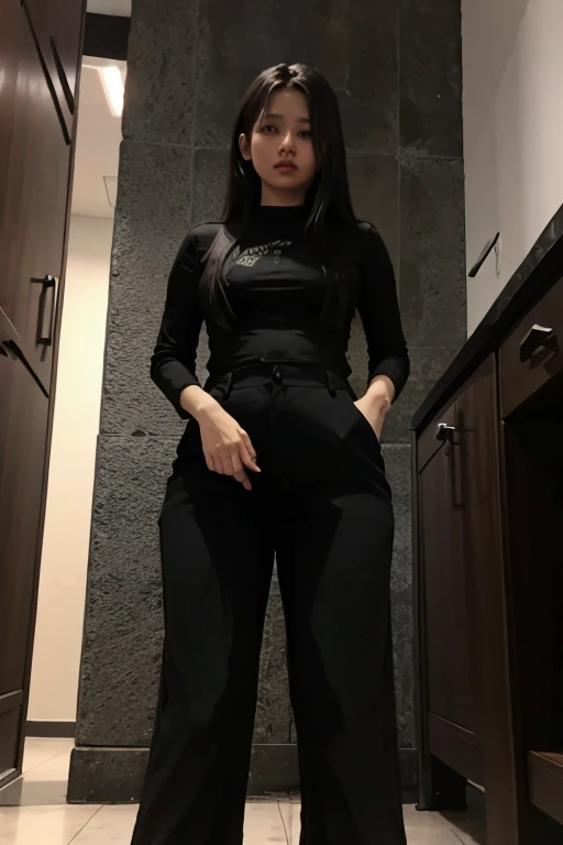 Malay Girl sees the ghost and pees her black ao dai pants until her pants are wet in fright.