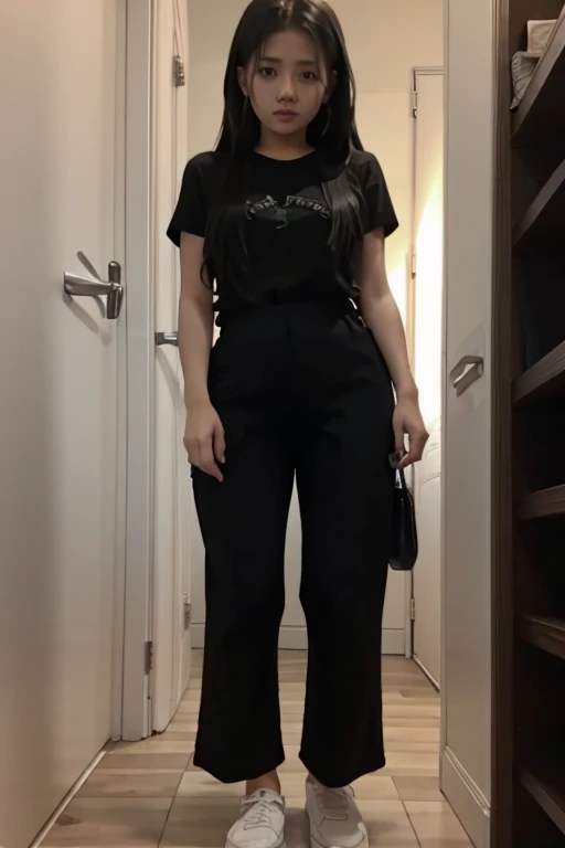Malay Girl thin body sees the ghost and pees her long black culotte pants until her pants are wet in fright.