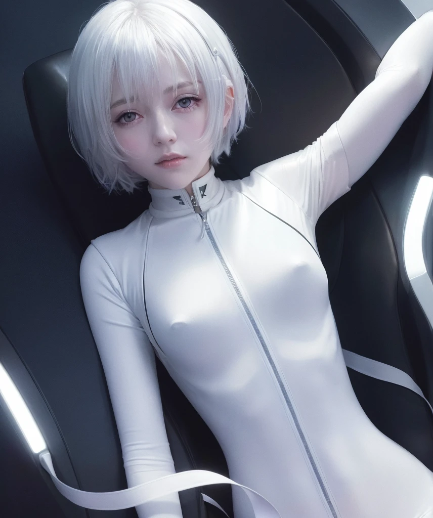 (8K, best quality, masterpiece:1.2),high resolution,masterpiece,Super detailed,Solitary,1 girl,(background color is white:1.5),(Delicate Eye),((whitehair)), short_hair, Starry Sky_Invalid,  Solitary, night_Invalid, Red_Eye, silver latex bodySet, pilot_Set, fronthair, Light_particle, ((There are triangular sensory organs on both sides of the head)), Tighten_clothing, Mid-chest, Bokeh, Mechanical clothing, Small logo print on chest, A foreign body is inserted into the, Very cute human  face, 