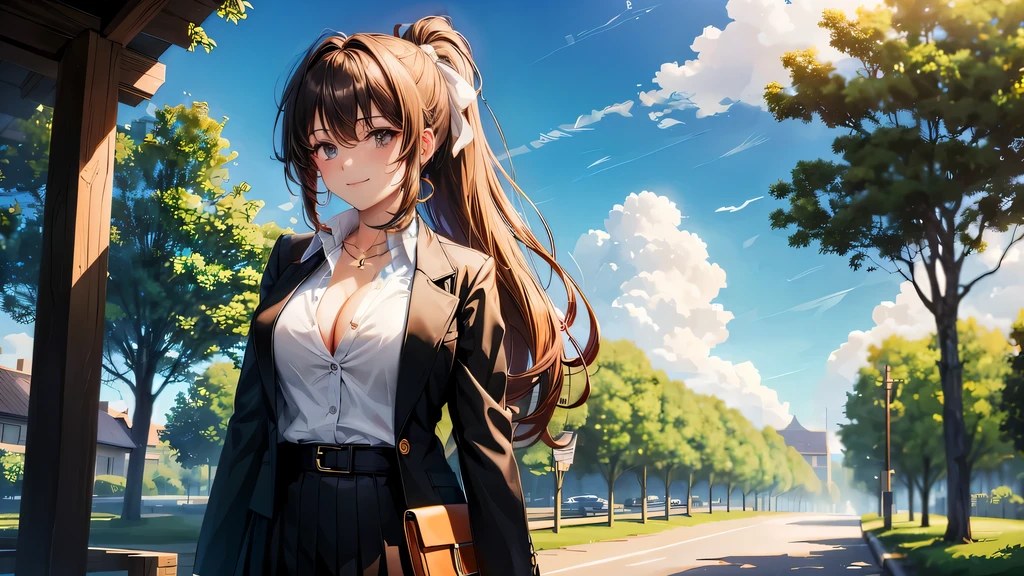 1girl, full body, solo, summer, village, trees, sun, clouds, ((colorful hair)), long hair, curly hair, ponytail, large breasts, ((black blazer)), button down shirt, ((white shirt)), ((short sleeved shirt)), ((unbuttoned shirt)), unbuttoning buttons, cleavage 1:3, brown eyes, skirt, smile, looking at the viewer, standing, hair ribbon, golden necklate