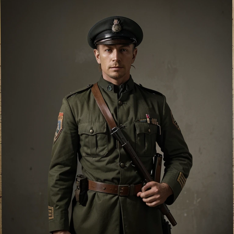 Imagine an English soldier from the First World War " the vigilant unit" (mercenaires au service de l'état, et ancien criminel qui veut se racheter auprès de son pays), il a une fusil Lee Enfield dans ses mains et il a un cigarillos la bouche , he is very well armed but he has no helmet and no hat, il a un revolver webley a sa ceinture, he is in France in the year 1916, imagine photos de la tête au pied