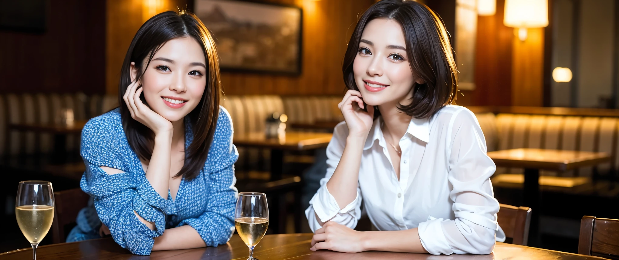 ((highest quality、8k、masterpiece:1.3))、1 male、1 female、Couple、spouse、Couple、Slim body、((Bob Hale、Straight hair:1.2)), (Realistic, Intricate details:1.2), Wine glass on the table、Shine light on your face、 Amazing view of the sunset sky and clouds、Amazing mountain views、A bright smile、The wonderfulness of smile、Bright image、The beauty of wine, Beautiful Face, blue eyes, The light shines on your face, Blushing, short hair,Bright Face、 (Age 37), 39 years old, red wine 、Appetizers、Italian food、Wine bottle、Champagne、sparkling wine、Two beauties、Brown Hair、Shortcuts、Long sleeve shirt、dress、Pretty Woman 1, (Slim face), (The body is slim), (Brown Hair), (Shortcuts), cheeks turn a little red,Attractive beauty、restaurant, In a prominent place (From the waist up) Nova Frog Style, actress, model, Upper Body, White wine, slim, wine glass, Wine glass placed in the center, smile, (smile: 1.15), Beautiful fine grain, Depth f/2,saturation, High Contrast, Strong light and shadow,Moist Body:1.5、3D texture、Delicate eyes、Brown Hair、The hair is very shiny、
