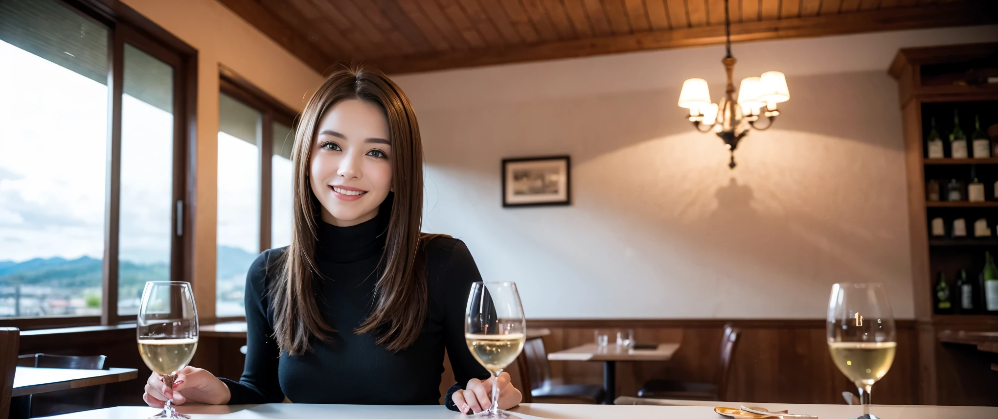 ((highest quality、8k、masterpiece:1.3))、1 male、1 female、Couple、spouse、Couple、Slim body、((Bob Hale、Straight hair:1.2)), (Realistic, Intricate details:1.2), Wine glass on the table、Shine light on your face、 Amazing view of the sunset sky and clouds、Amazing mountain views、A bright smile、The wonderfulness of smile、Bright image、The beauty of wine, Beautiful Face, blue eyes, The light shines on your face, Blushing, short hair,Bright Face、 (Age 37), 39 years old, red wine 、Appetizers、Italian food、Wine bottle、Champagne、sparkling wine、Two beauties、Brown Hair、Shortcuts、Long sleeve shirt、dress、Pretty Woman 1, (Slim face), (The body is slim), (Brown Hair), (Shortcuts), cheeks turn a little red,Attractive beauty、restaurant, In a prominent place (From the waist up) Nova Frog Style, actress, model, Upper Body, White wine, slim, wine glass, Wine glass placed in the center, smile, (smile: 1.15), Beautiful fine grain, Depth f/2,saturation, High Contrast, Strong light and shadow,Moist Body:1.5、3D texture、Delicate eyes、Brown Hair、The hair is very shiny、