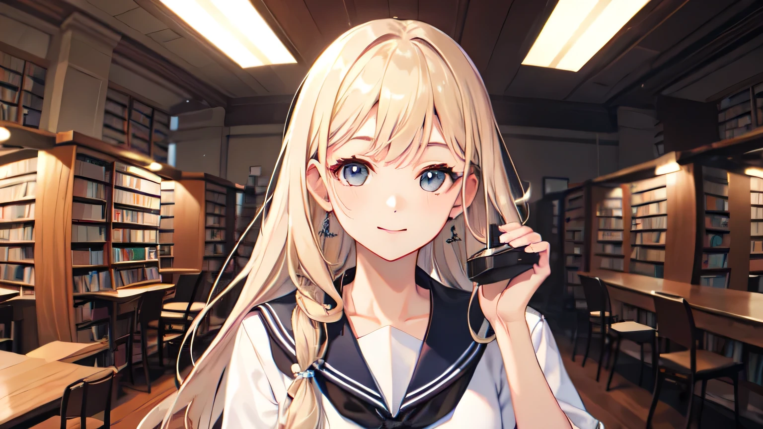 ((highest quality)), ((masterpiece)), (detailed), Perfect Face、library、Smooth Hair、blonde、Brush your hair back、Sailor suit、8K,HDD
