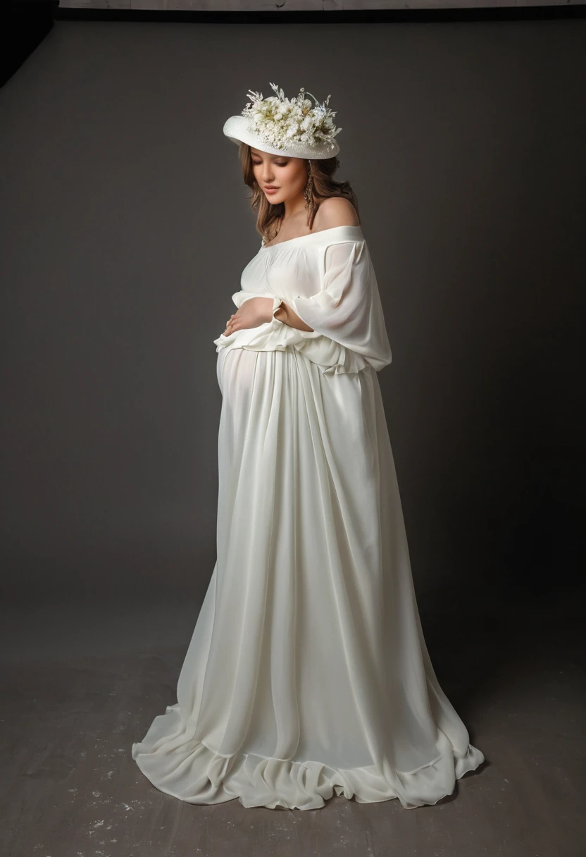 pregnant woman in a flowing dress with a flower in her hair, wearing a flowing dress, flowing gown, beautiful flowing fabric, flowing dress, endless flowing ethereal drapery, draped in flowing fabric, beautiful gown, flowing realistic fabric, dressed beautiful gown, soft elegant gown, wearing a white flowing dress, wearing stunning ivory dress, in style of kyrill kotashev