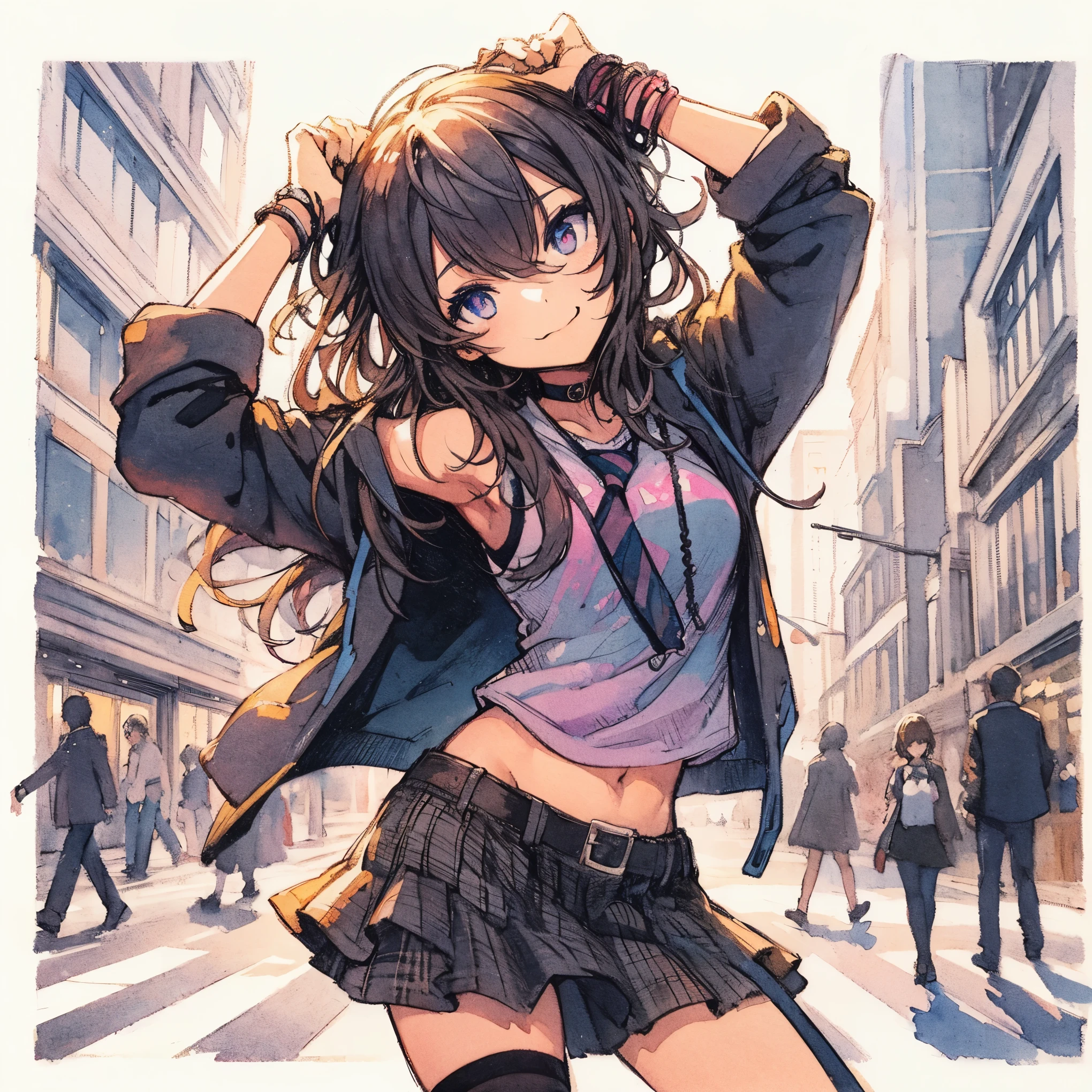 Official art using high-quality hand-drawn watercolor sketch techniques. (best quality,4k,8k,highres,masterpiece:1.2),ultra-detailed,beautiful detailed eyes,A girl with beautiful eyes, everyone, beautiful anime girl, cute anime girl, smooth anime art, anime style, elegant colors, soft lighting, delicate beautiful eyes, very coquettish, beautiful large breast, (correct hands:1.2),