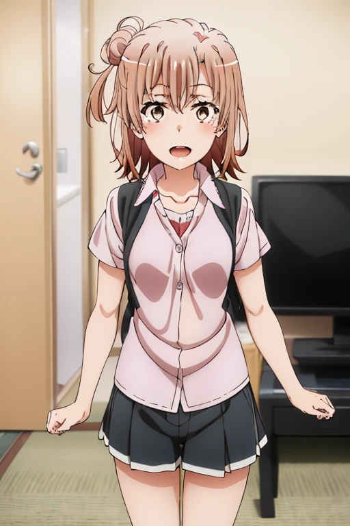 ((highest quality)), ((masterpiece)), (be familiar with), Perfect Face, indoor, Bedroom, Watching the audience,
One woman, Yuigahama Yui,
Open Mouth, Ecstatic expression, blush, smile,
Small breasts, Flat Chest, Young Girl, , , Girl,
Short Hair, Salmon-colored hair, Salmon-colored eyes, Side Pony,
Leg spread,