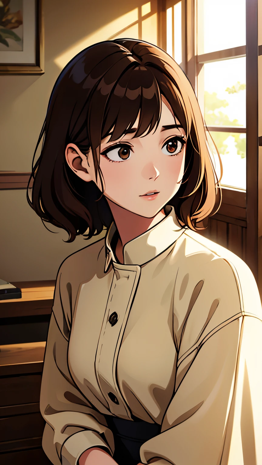 (highest quality, Natural light)、Stylish、Brown Hair, noon, detailed background