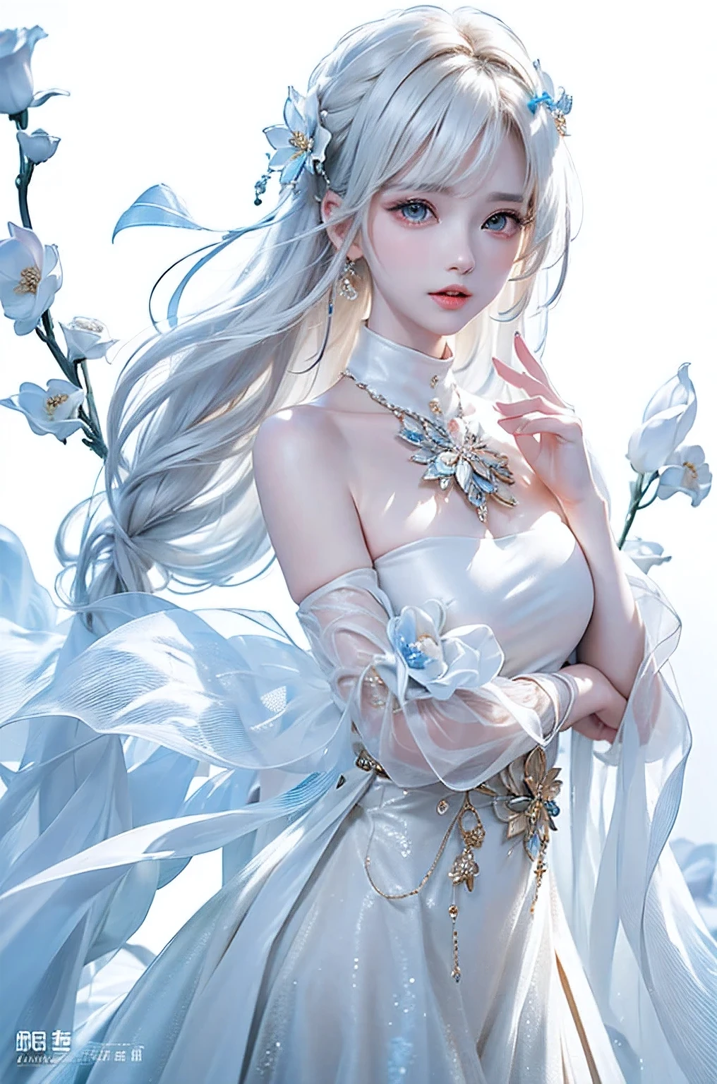 ((From the waist up))((masterpiece:1.5、8k、Portraiture、Photorealistic and very detailed CG、Very detailed、Particle Effects、Dynamic Effects、Written boundary depth、Cinematic Light、Lens flare、Ray Tracing、Tabletop、Realistic:1.4、超A high resolution:1.2、Realistic、Realistic))((alone、,Woman in turtleneck dress:1.4、Model-like pose:、Side bust、Ample breasts、Detailed face、brightexpression、young, bright, Whiter skin、Best Looks、Ultimate beauty、White hair with shiny highlights:1.8、bright and shiny hair,,Smooth Bob Hair、Hair swaying in the wind))(Wonderful transparent flower々Surrounded by、White Background、Great background、Thin petals fluttering down)