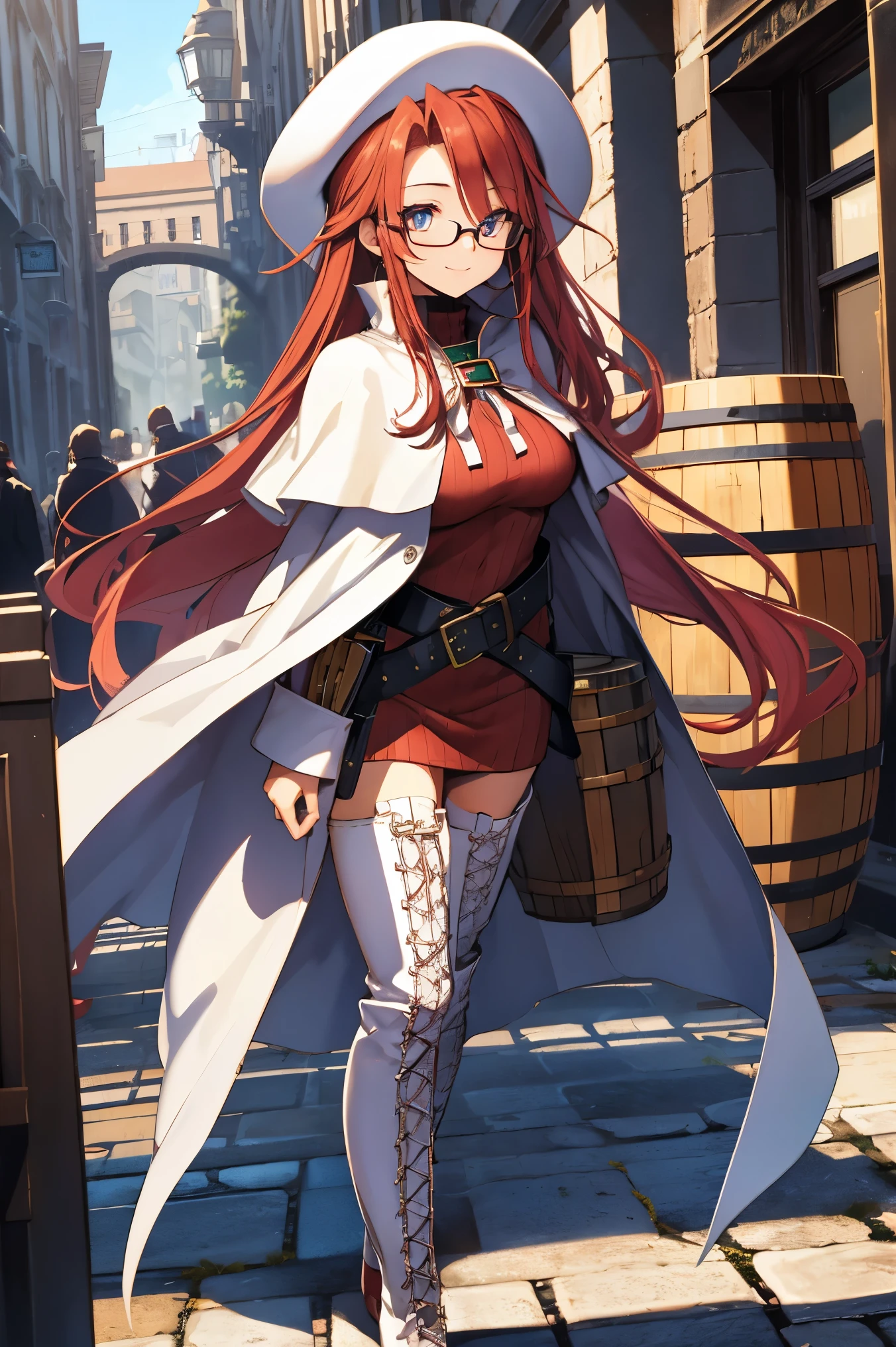 summonnightaty, aty, (young:1.3),long hair, blue eyes, red hair, large_beret, hat, glasses,
BREAK long hair, thighhighs, hat, dress, boots, glasses, belt, cape, sweater, zettai ryouiki, beret, thigh boots, white footwear, ribbed sweater, loose belt,solo,
BREAK outdoors, fantasy,on_cobblestone
,,Highquality_hads,perfect_fingers,
BREAK (masterpiece:1.2), best quality, high resolution, unity 8k wallpaper, (illustration:0.8), (beautiful detailed eyes:1.6), extremely detailed face, perfect lighting, extremely detailed CG, (perfect hands, perfect anatomy),covered_nipples,covered_navel ,half_eyes,long_sword,sleepy,standing,barrel,red_sweater,apart_knees,magical_effect,spread_legs, have_a_book,teacher,rise_knee,Smile,rise_hand,look_down_viewer,spread_arms,