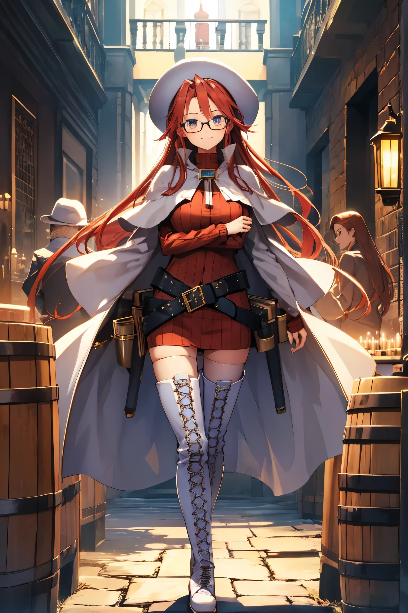 summonnightaty, aty, (young:1.3),long hair, blue eyes, red hair, large_beret, hat, glasses,
BREAK long hair, thighhighs, hat, dress, boots, glasses, belt, cape, sweater, zettai ryouiki, beret, thigh boots, white footwear, ribbed sweater, loose belt,solo,
BREAK outdoors, fantasy,on_cobblestone
,,Highquality_hads,perfect_fingers,
BREAK (masterpiece:1.2), best quality, high resolution, unity 8k wallpaper, (illustration:0.8), (beautiful detailed eyes:1.6), extremely detailed face, perfect lighting, extremely detailed CG, (perfect hands, perfect anatomy),covered_nipples,covered_navel ,half_eyes,long_sword,sleepy,standing,barrel,red_sweater,apart_knees,magical_effect,spread_legs, have_a_book,teacher,rise_knee,Smile,rise_hand,look_down_viewer,spread_arms,