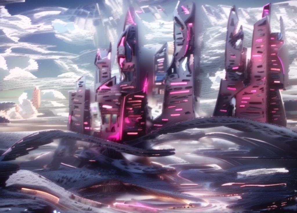 Masterpiece, 12k, uhd, photorealistic, a ultra beautiful suggestive landscape, with snow hills, snow land, futuristic metropolis in background, with skycrapers, night sky with stars, pink boreal aurora in the sky, light neon effects, cyberpunk dreaming atmosphere, (3D rendering buildings), seems real, blue and pink sky and snow colors