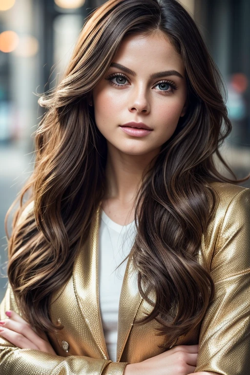 (high quality, realistic:1.2), portrait, beautiful flowing hair, beautiful Rose McIver, wearing a sexy jacket, detailed eyes, luscious lips, sensual gaze, luxurious texture, shimmering highlights, soft shadows, subtle smile, impeccable makeup, perfect skin tone, varied golden hues, mesmerizing presence, extraordinary attention to detail, immaculate shading, flawless complexion, expressive eyebrows, long eyelashes, graceful pose, stylish and confident demeanor, striking contrast between the jacket and hair, professional photography, rich color palette, subdued lighting, subtle bokeh effects, glowing complexion, meticulously crafted features, exquisite realism, artistic sophistication.