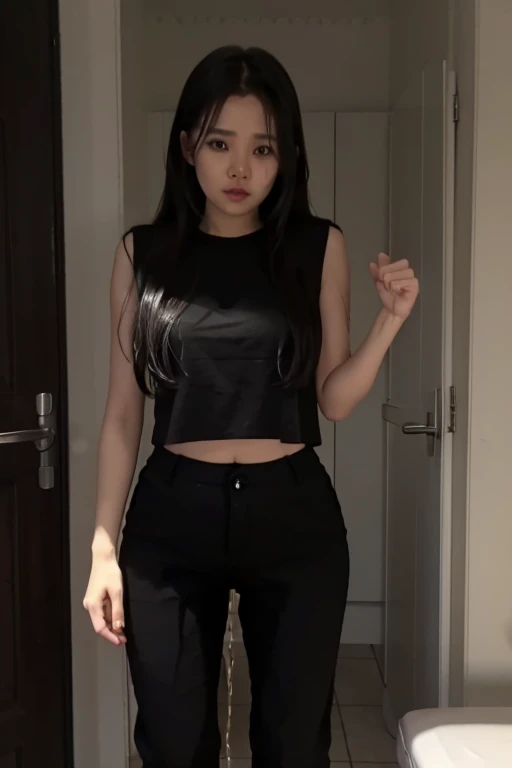 Woman standing in room in black dress and high heels, she is dancing, as though she is dancing, she is dancing. Realistic, brunette color hair, hands behind her pose!, hands behind her body pose!, other women dancing behind, dancing in the background, Long black hair, With long black hair, twirl, taken from behind，The skirt is drawn a little longer