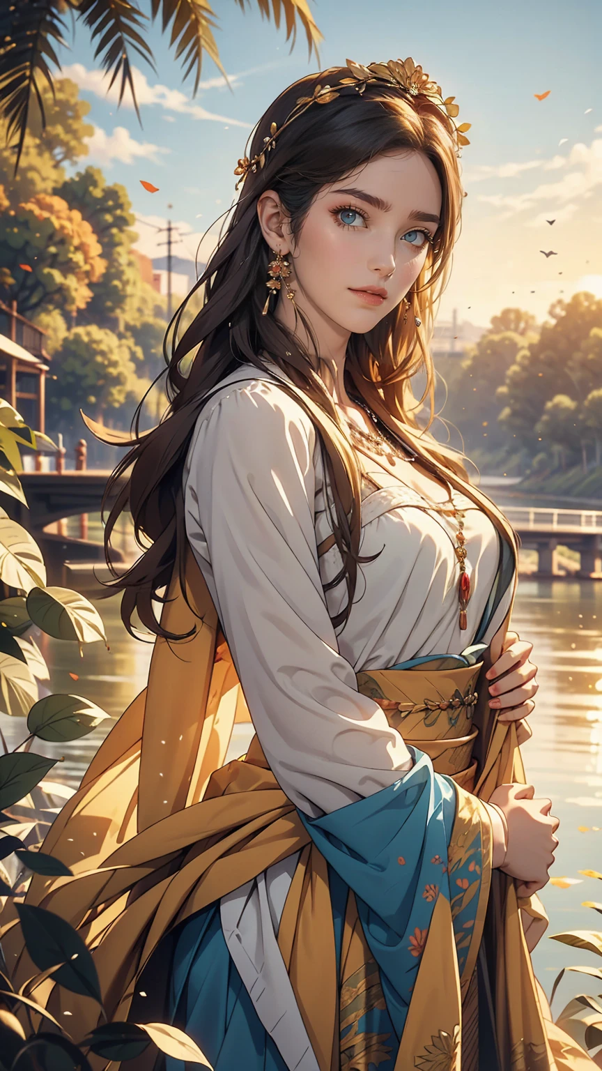 20-year-old woman in Ukrainian costume、Blue eyes with a flower crown on his head、River and blue sky in the background、Afternoon light and sunset realistic illustration