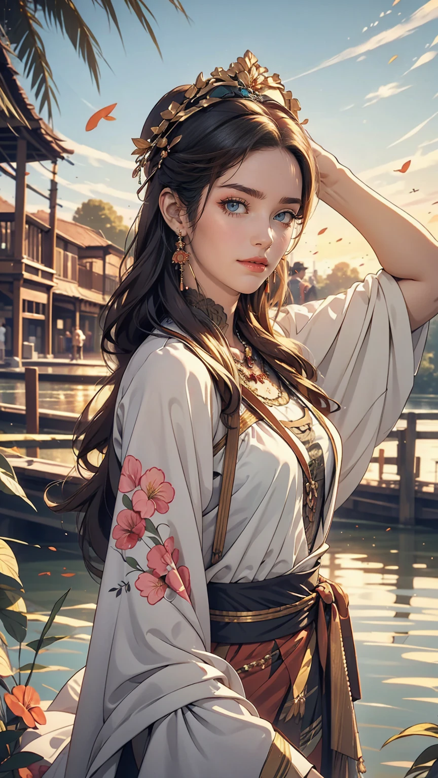 20-year-old woman in Ukrainian costume、Blue eyes with a flower crown on his head、River and blue sky in the background、Afternoon light and sunset realistic illustration
