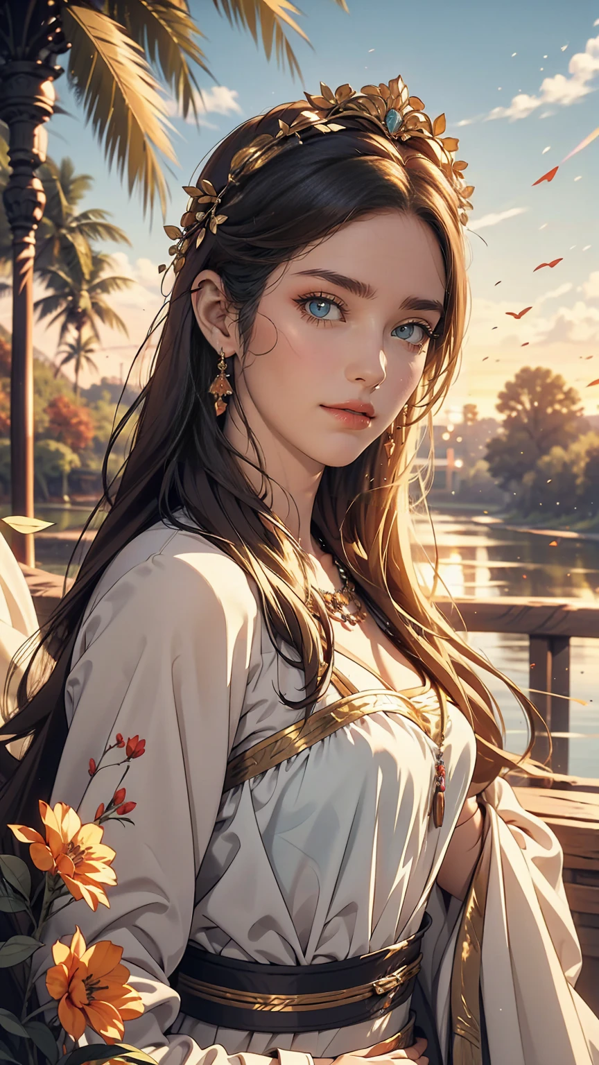 20-year-old woman in Ukrainian costume、Blue eyes with a flower crown on his head、River and blue sky in the background、Afternoon light and sunset realistic illustration