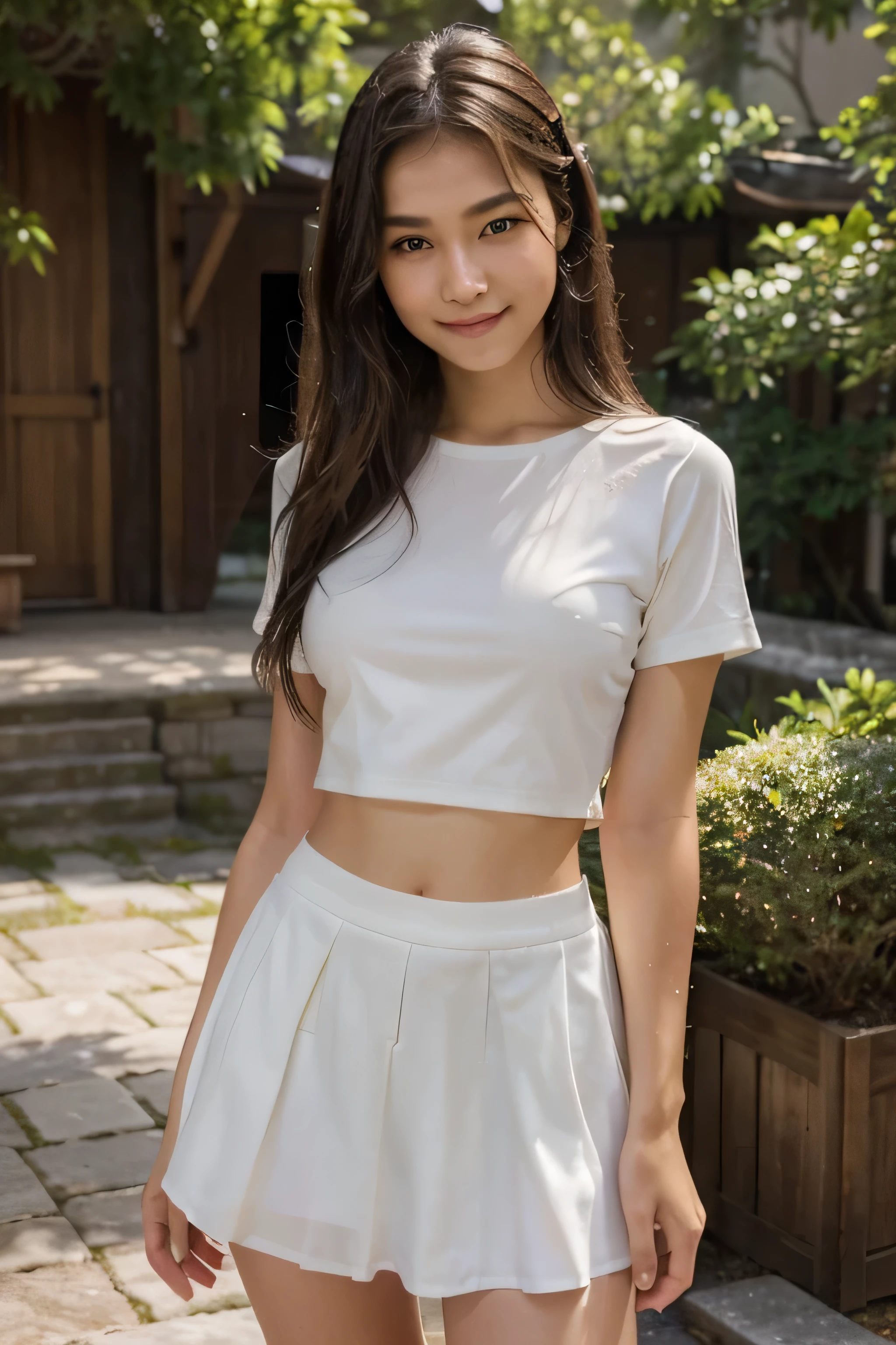 Prompt: (masterpiece), realistic, 16-year-old female, beautiful face, Wear a simple white shirt and a thin white skirt, walking amidst beautiful nature, studio lighting, cinematic light, beautiful woman, beautiful black eyes, milk beige medium-length hair, perfect anatomy, very cute smile, princess eyes, (head frame), center image, style, bioluminescent, life-size, 8K resolution, human hands, perfectly elegant, close to perfection, dynamic, highly detailed, character sheet, concept art, smooth, positioned symmetrically and balanced directly towards the viewer, incredibly beautiful 16-year-old Japanese girl, wet body, extra cute, A smile full of cuteness, detailed hairstyle Negative Prompt: deformed body, extra hands, 2 heads, 2 faces, gross, disgusting, extra body parts