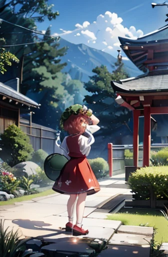 touhou 、chen、Cat ear、short-haired red hair、Green hat、whole body、Old Japanese house、Standing in the garden