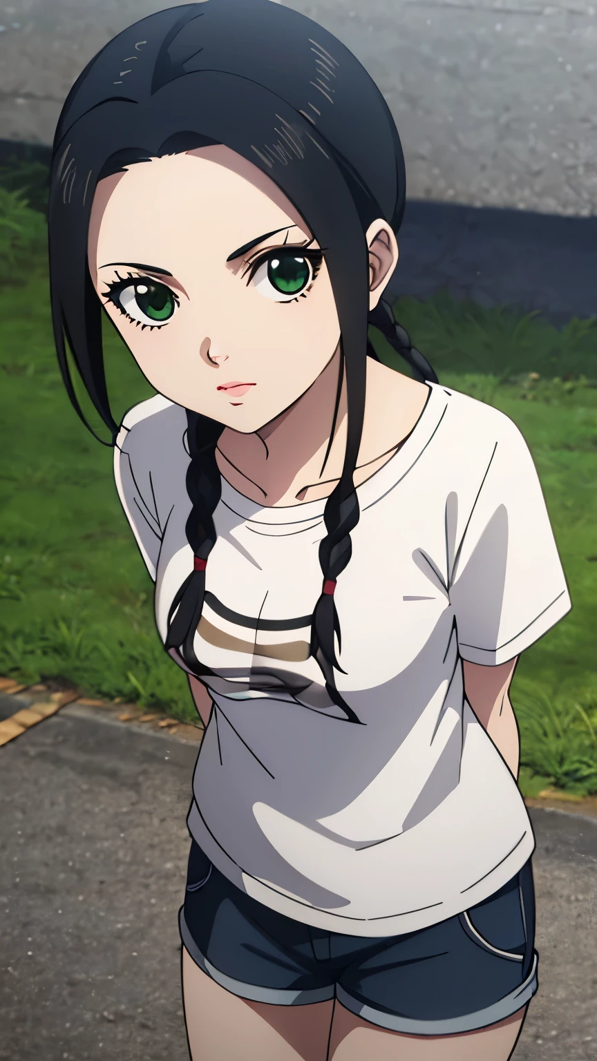 (masterpiece, best quality, 8k:1.2),
1 girl, Kyoukai, black hair, braids, ponytail, green eyes, eyelashes, medium breasts, (t-shirt, shorts),
alone, looking at the viewer, city,