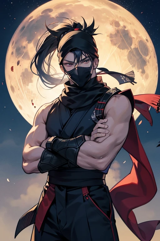 On the roof,Ninja with arms crossed,Full moon night,Tokyo,Pants look,mask,scarf,Sharp Eye,Well-built,youth,Buckshot,pull