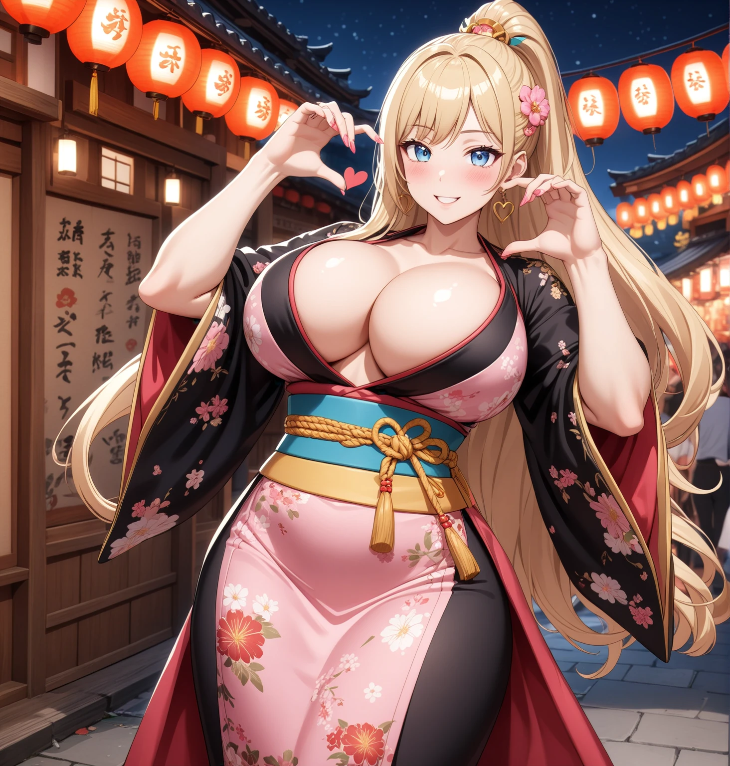 ((One woman)), Beautiful Face,Happy and joyful,Blushing,Laughing with your mouth open,Glossy Lips,Abstract, night,Shrine festival stalls, ((Anime style background)),masterpiece, highest quality, so beautiful, up to date, Complex details, (Pink long nails),AI-generated, Complex,High resolution, highest quality, super high quality,3D Images、View the viewers、3D Images,one person,Long Blonde Hair,(Hair with dark hairline),High Ponytail,blue eyes,Anime woman posing for a photo, [[Fine grain、Colorful eyes、Shining Eyes:1.15]],(Squint your eyes:1.1),a hyperRealistic , hyperRealistic , Realistic , Blonde anime woman with long hair, Smooth anime CG art, A woman in a colorful kimono with gold embroidery, Black kimono,Pink floral dress,Floral long hair ornament,Earrings,(Large Breasts:1.4),Mature Body,tall,Big Ass,Fine details,Trained abdominal muscles,(A woman making a heart sign with her hands)