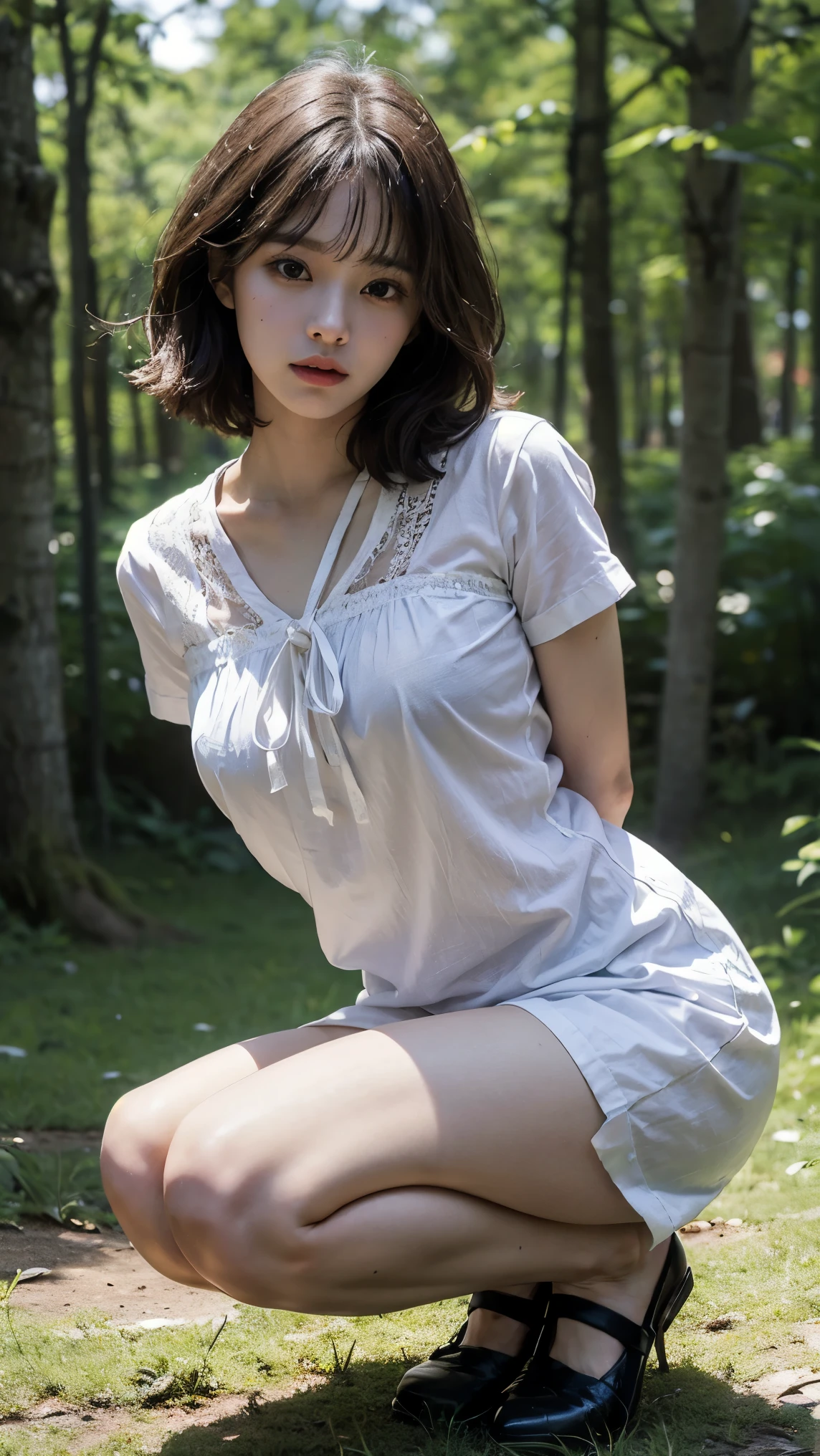 8k, Raw photo, highest quality, masterpiece:1.2), masterpiece, highest quality, figure, Very detailed, Fine details, High resolution, 8k,wallpaper, Perfect dynamic composition,(Detailed high quality, Realistic depiction of eyes:1.3)、A woman who has been and has her hands tied、Arms wrapped around his back, hands tie behind back, 2woman、In the forest at night、Crouching by the lake、With legs wide open、White panties are visible、Blue Short Sleeve Blouse、Tartan plaid pleated skirt、whole body、The whole thing faces forward、21Talented talent、Beauty、Well-formed face、Make your eyes even、Beautiful black hair、Has bangedium build、Well-balanced proportions、Beautiful legs、Fresh face、Beautiful night sky、