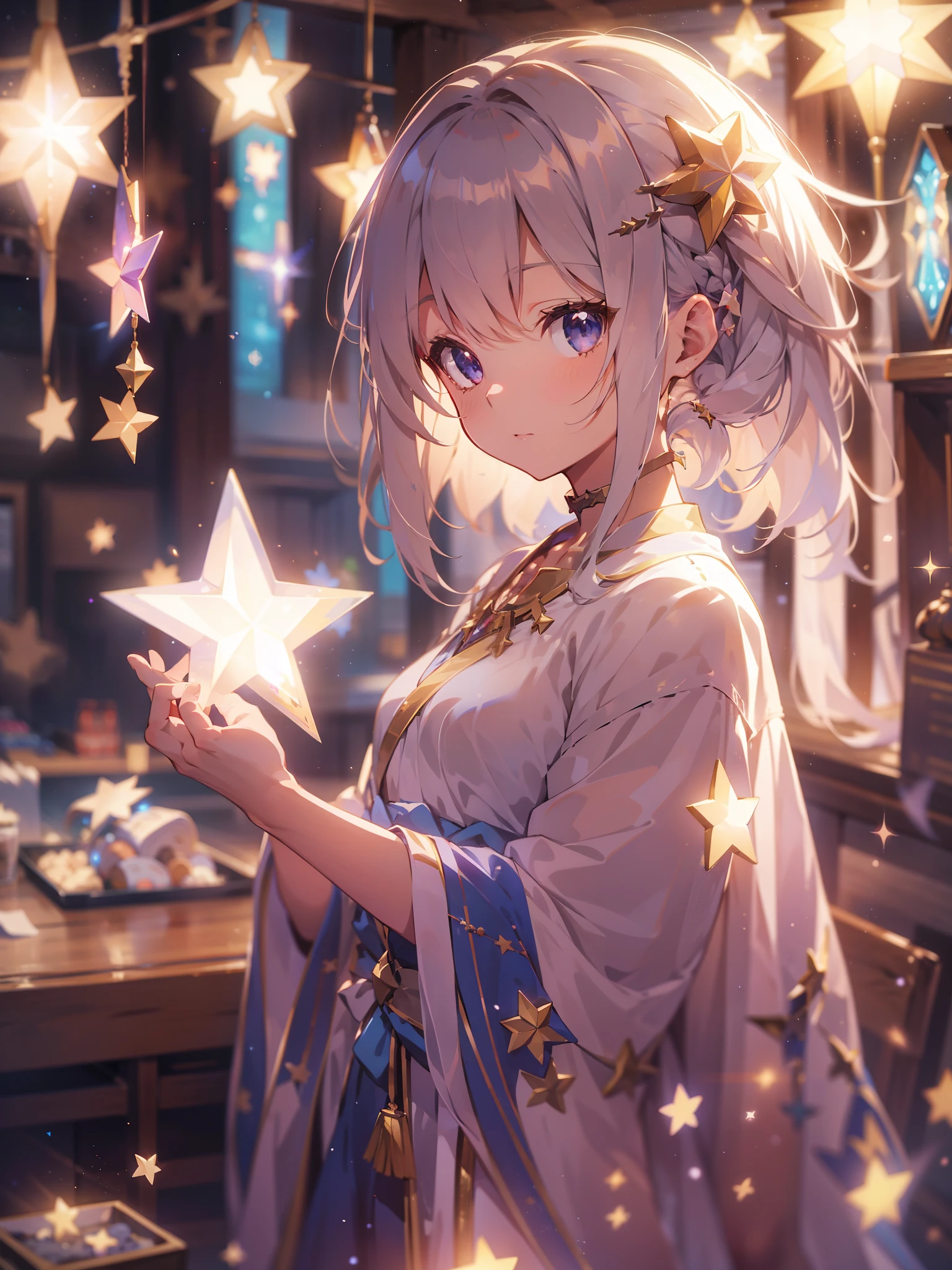 anime,depth of field, cinematic lighting, lens flare, f/1.2,(masterpiece:1.2),(high definition),astrology、Star reading、Girl holding up a star and telling fortune、Robe、Fantastic works、Fantasy World